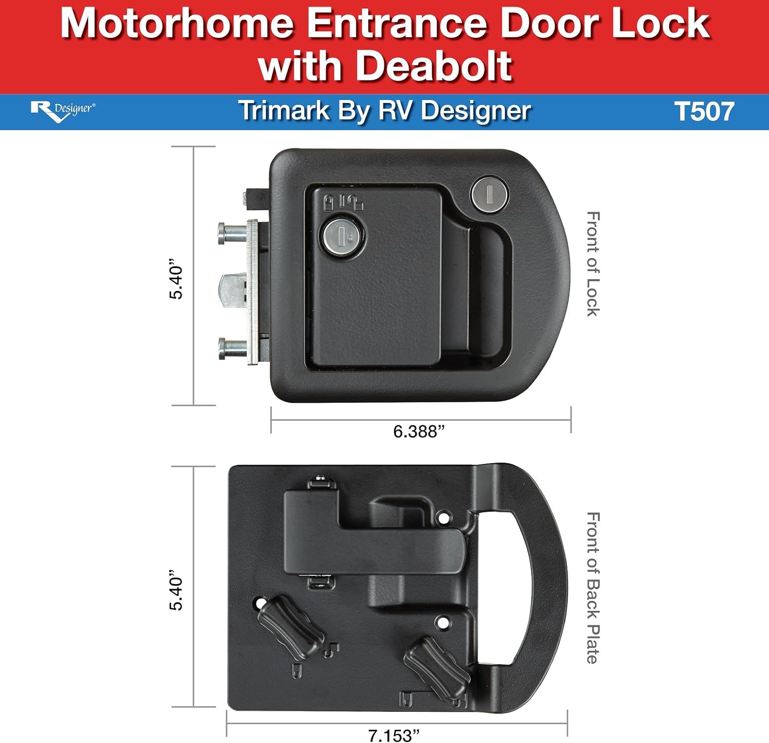 RV Designer T507 TriMark Motorhome Entrance Door Lock with Deadbolt - Fit for 1.38-1.58' RV Motorhome Doors - Right/Left-Hand Use - FMVSS 206 Compliant