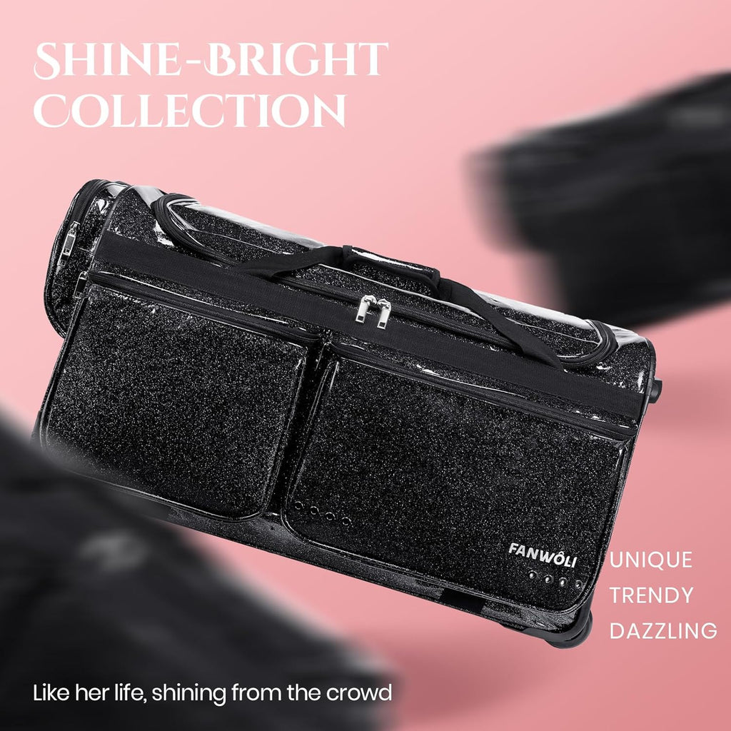 Fanwoli 23' Dance Bag with Garment Rack | Glittering Waterproof Fabric & Upgraded Stable System | Shine-Bright Collection | Ideal Competition Duffle Bag for Dancer Athlete Livestreamer | Sparkle Black