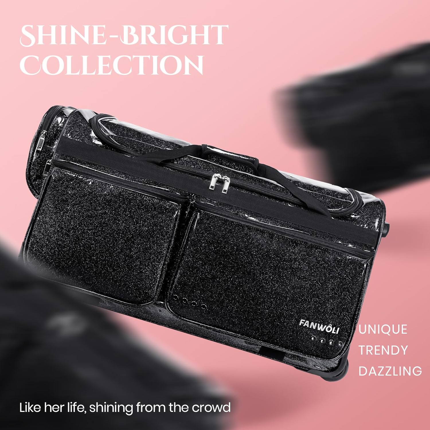 Fanwoli 23' Dance Bag with Garment Rack | Glittering Waterproof Fabric & Upgraded Stable System | Shine-Bright Collection | Ideal Competition Duffle Bag for Dancer Athlete Livestreamer | Sparkle Black