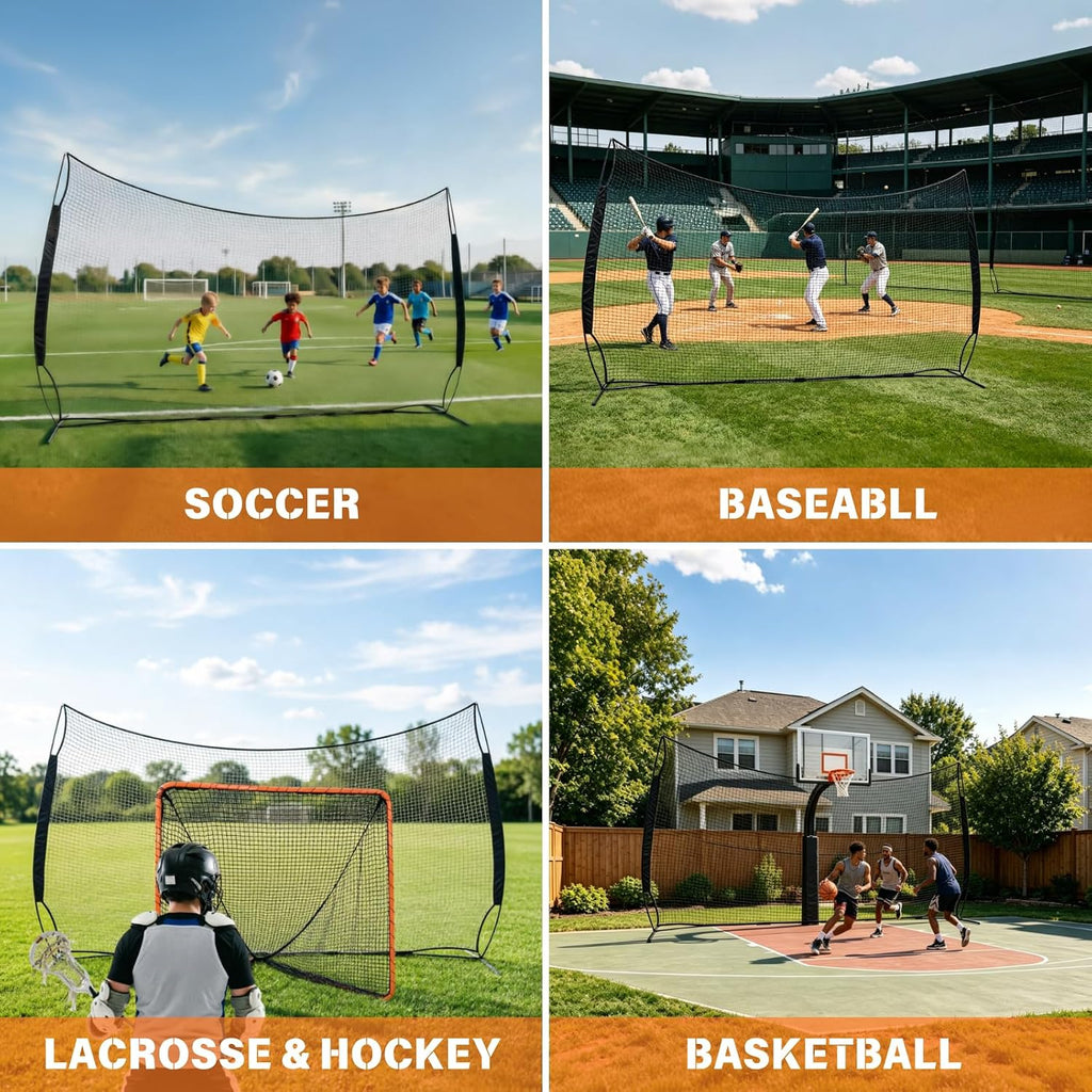 16x10FT Sports Barrier Net, Barricade Backstop Net with Upgrade Steel Frame, Protective Net for Baseball, Lacrosse, Soccer, Basketball & More