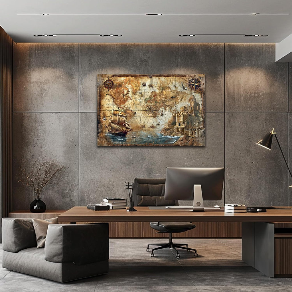 Vintage World Map Wall Art, Nautical World Map Backdrop Canvas Print, Travel Map Art Framed Artwork for Office Decor, Old Treasure Map Poster Painting Picture for Living Room Wall Decor 32x48 Inches