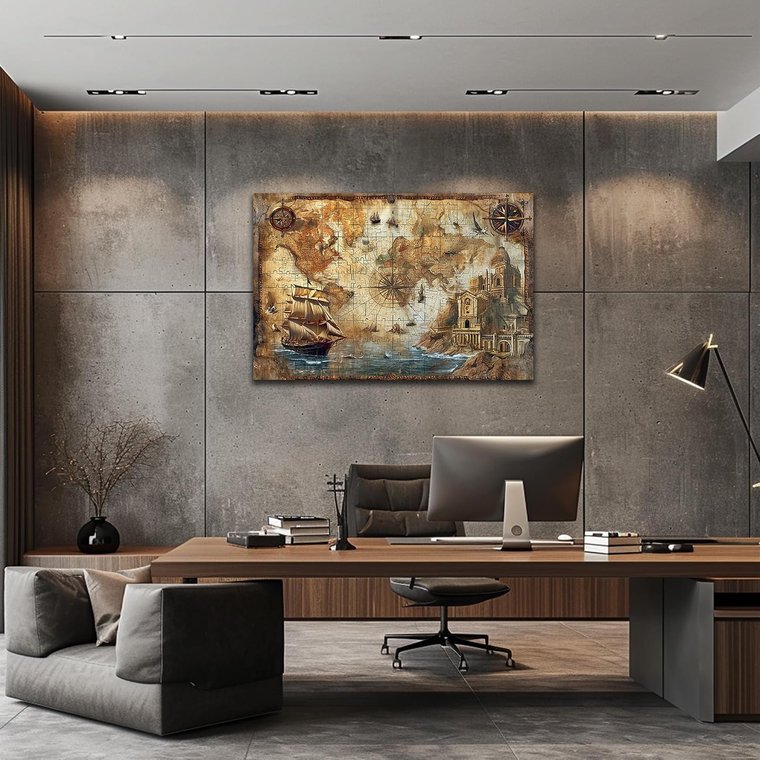 Vintage World Map Wall Art, Nautical World Map Backdrop Canvas Print, Travel Map Art Framed Artwork for Office Decor, Old Treasure Map Poster Painting Picture for Living Room Wall Decor 32x48 Inches