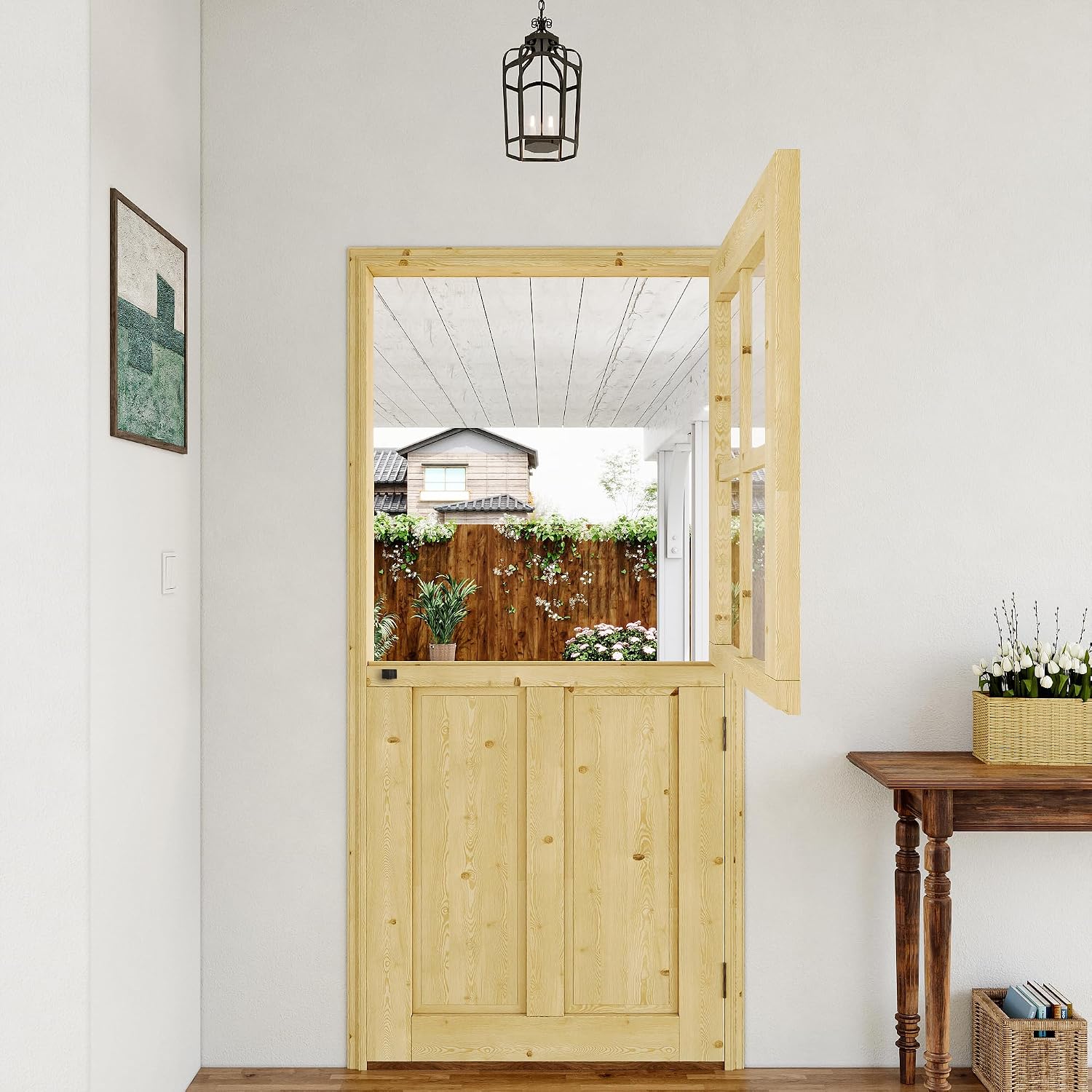 Exterior Dutch Door Slab, 30' x 80', Universal 4 Lite Tempered Clear Glass Split Single Doors, Solid Core Home Door, Natural Pine Wood - with 4 Black Hinges & 1 Latch, Without Jamb