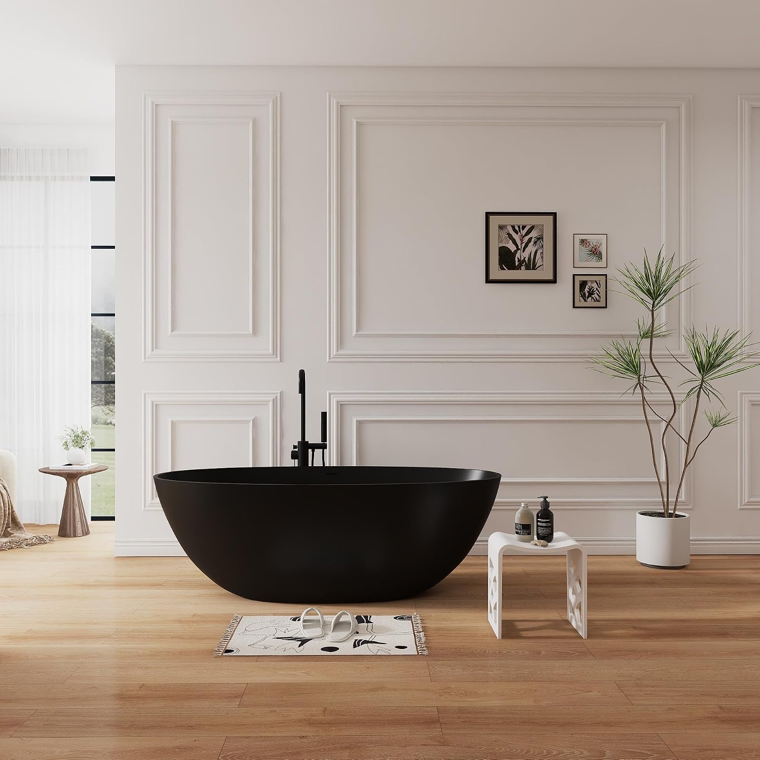 65' Upgraded Solid Surface Freestanding Tubs,Luxury Oval Stone Resin Soaking Bathtub with Pop-up Drain and Overflow, Matte Black