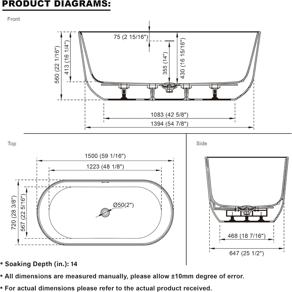 WELLFOR 60-Inch Freestanding Acrylic Bathtub with Chrome Bathtub Drain and Integrated Slotted Overflow, Freestanding Glossy White Soaking Bathtub, Acrylic Soaking Tub (Glossy White)