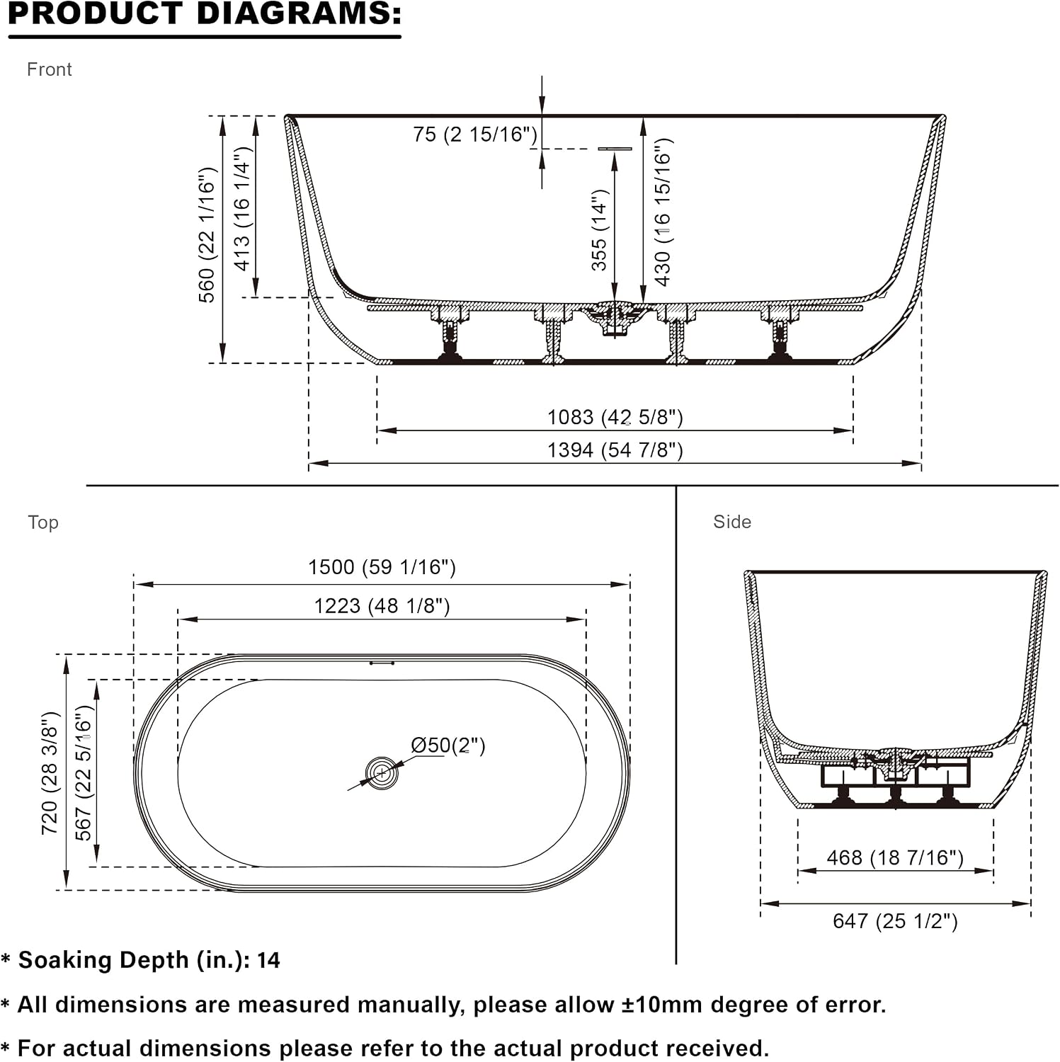 WELLFOR 60-Inch Freestanding Acrylic Bathtub with Chrome Bathtub Drain and Integrated Slotted Overflow, Freestanding Glossy White Soaking Bathtub, Acrylic Soaking Tub (Glossy White)