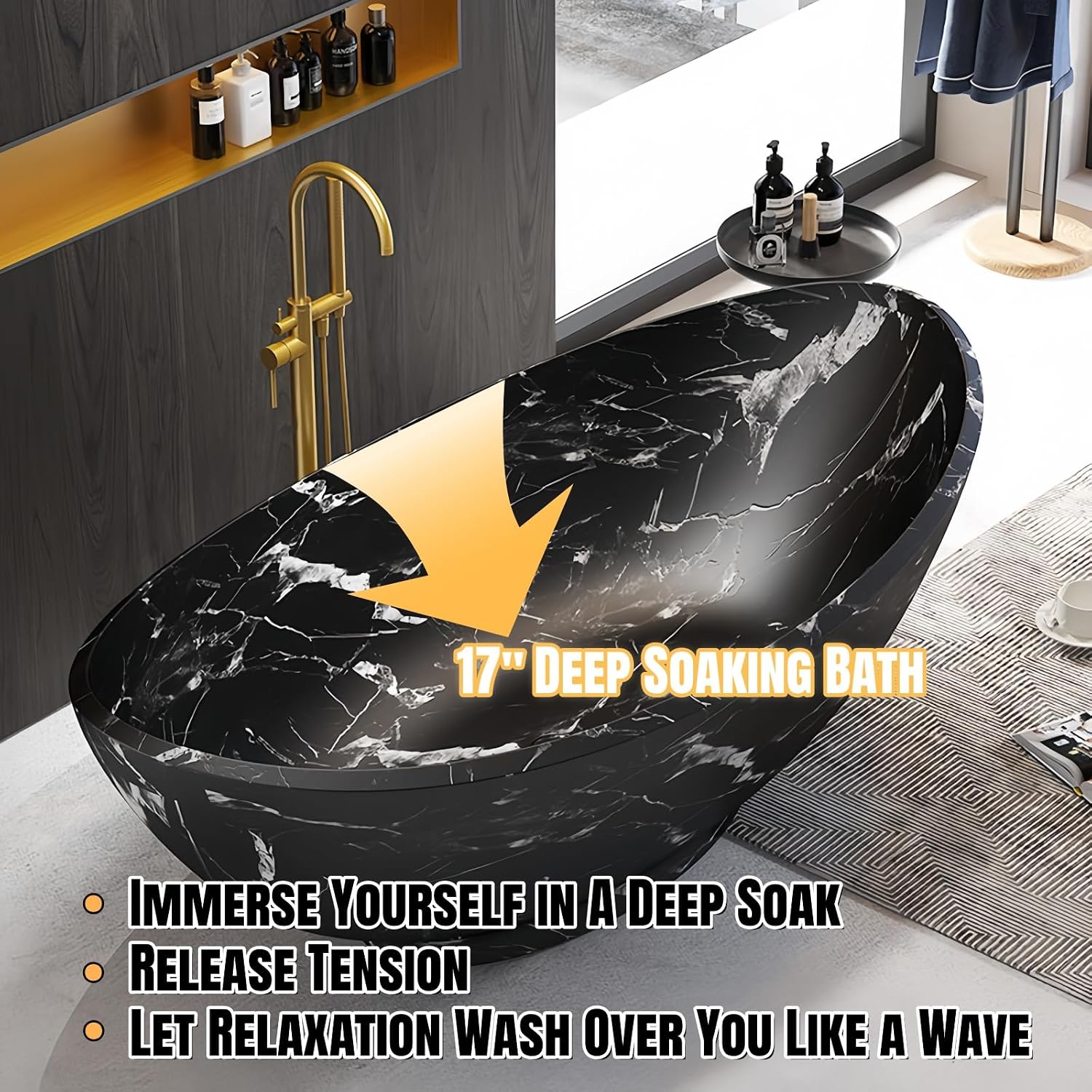 67' Edeyeu Freestanding Bathtub – Solid Surface Bathtub With Marble Texture, Extra Deep Soaking Tub, Luxury Stand Alone Tub For Modern Bathroom Ergonomic Design White
