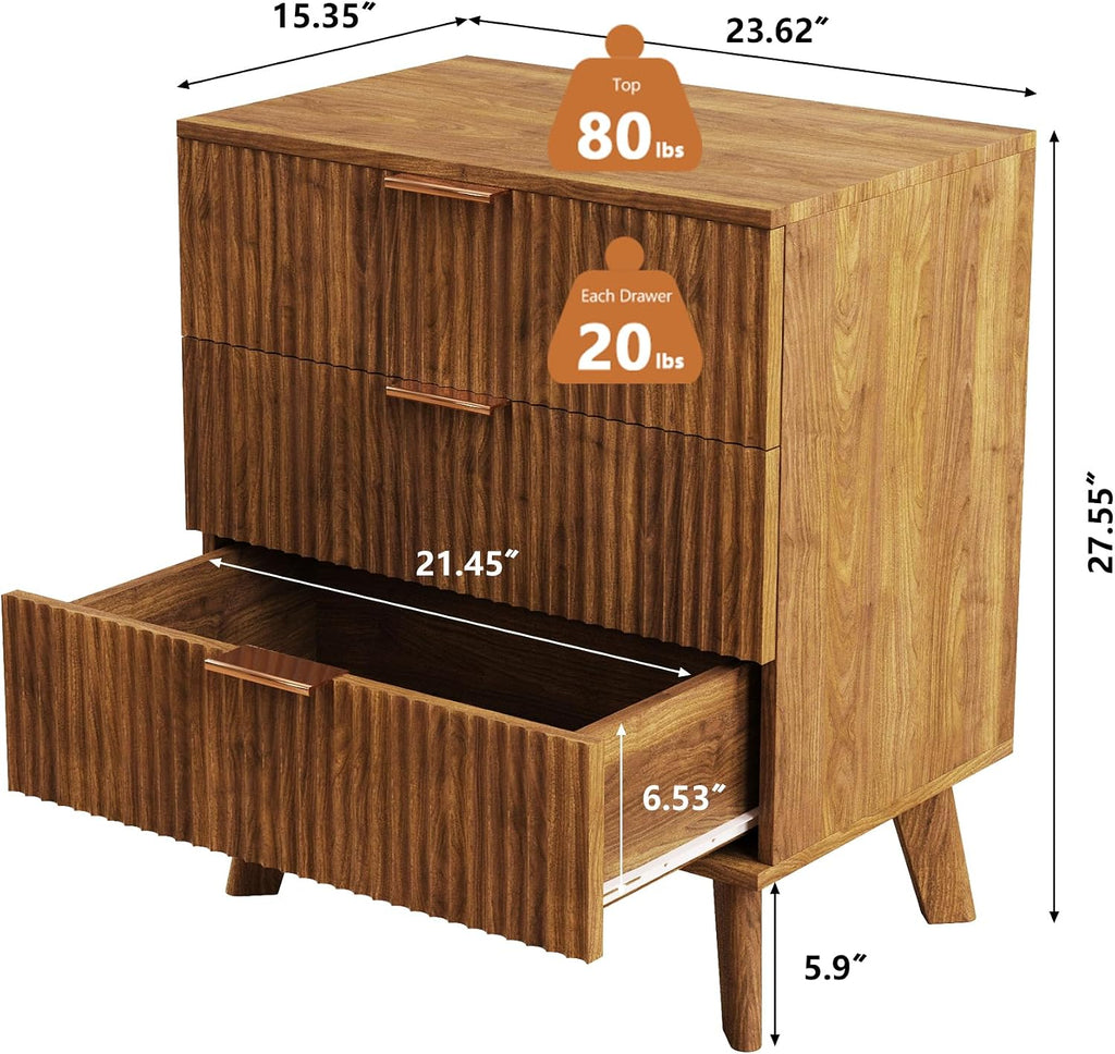 Mid-Century 3 Drawers Bedside Table Cabinet, Modern Nightstand with 3 Drawer and Solid Wood Legs, Contemporary 3-Drawer Dresser, Mid Century Nightstand with 3 Storage Drawer for Bedroom (Walnut)