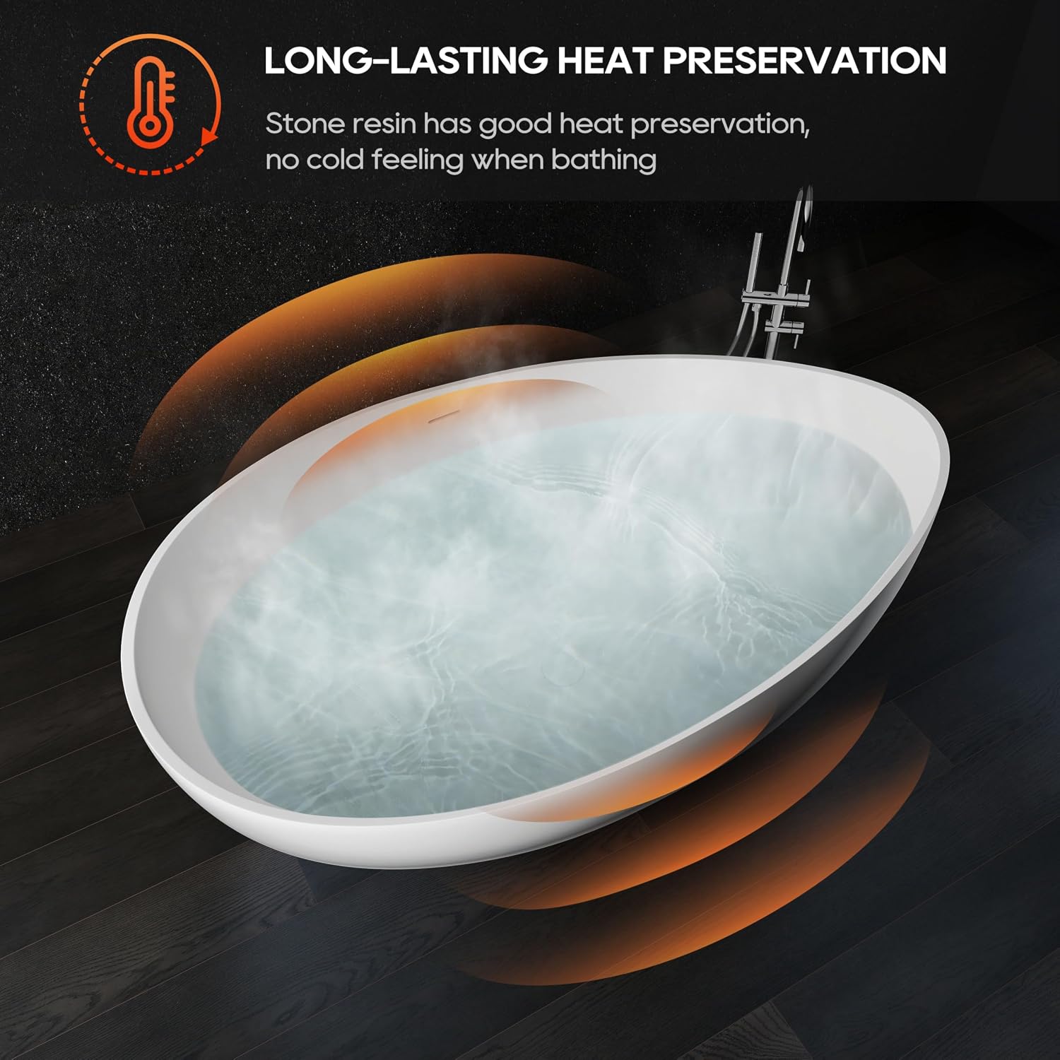 SJ STAR&JANE 63' x 38' Solid Surface Freestanding Bathtub, Oval Soaking Tub with Overflow and Pop-up Drain for Bathroom Matte Black