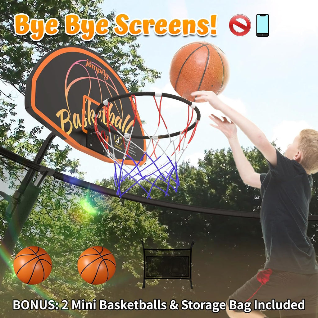jumpfly Tranpoline 8/10/12/14/15/16FT Tranpoline Outdoor for Kids and Adults Recreational Tranpolines with Basketball Hoop, Anti-Rust Ladder, ASTM Approved
