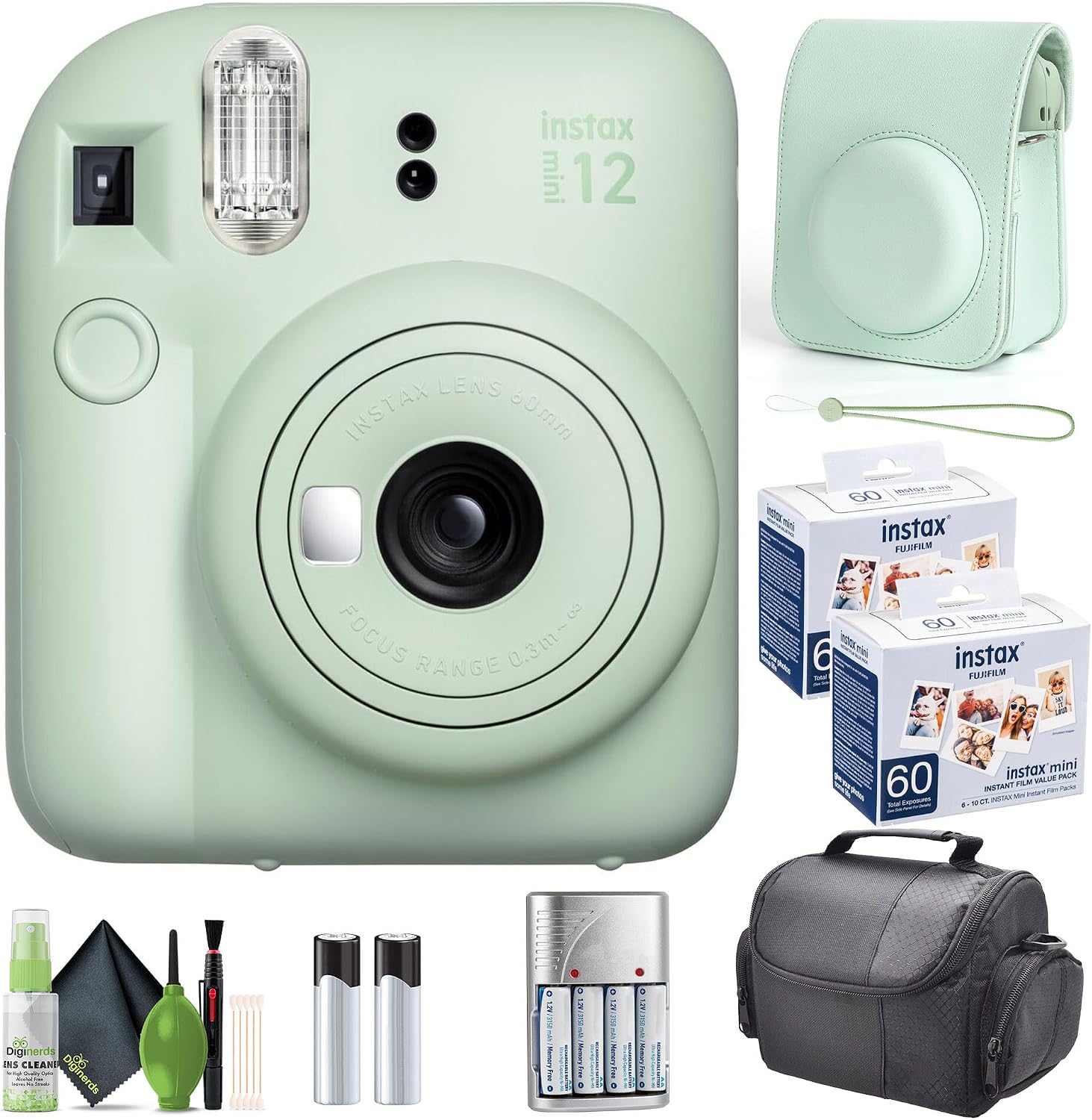 FUJIFILM INSTAX MINI 12 Film Camera Mint Green with Fuji Value Pack Instant Film - 60 Photo Sheets with Camera Case and Accessories Ideal Gift for Kids, Teenage Girl & Adults