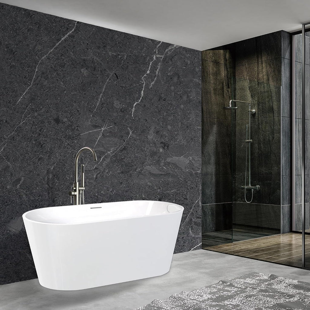 Transolid Maris 59 in. Freestanding Soaking Bathtub & Faucet Kit | 31 in. Wide Acrylic Tub + Brushed Nickel Floor-Mount Tub Filler with Handshower | Center Drain | Gloss White | KF-AFTM5931-G31BN