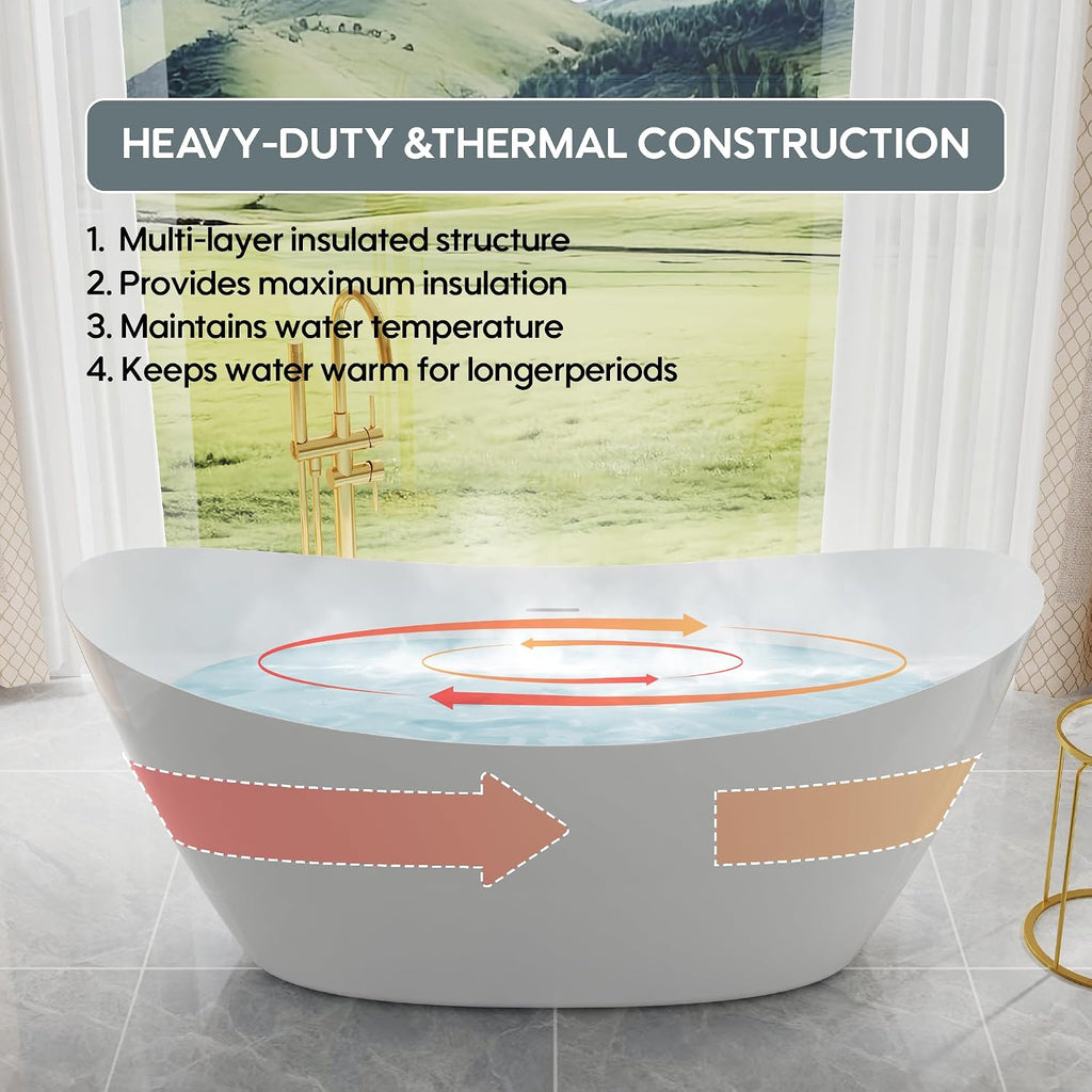 WELLFOR 60' Freestanding Acrylic Bathtub with Drain and Integrated Slotted Overflow, Soaking Bath Tub with Predrilled Overflow Holes, Soaking Bath Tub 56 Gallons Capacity, Glossy White