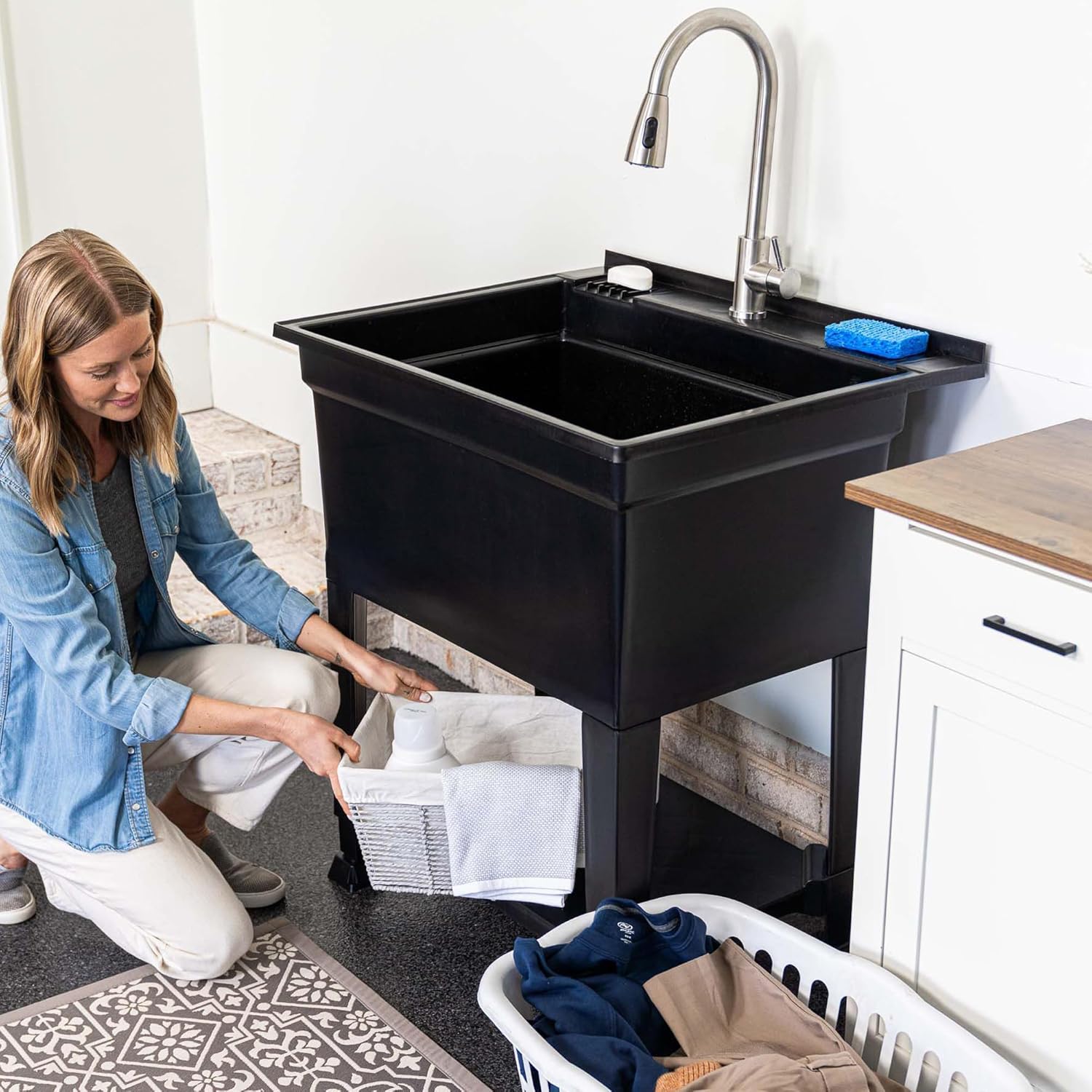 UTILITYSINKS Freestanding Utility Tub Sink w/Drain Plug & Floor Levelers, 30 x 24', Black - Portable and Compact Sink with Faucet for Outdoor Kitchen, Laundry Room, Garage, and Basement