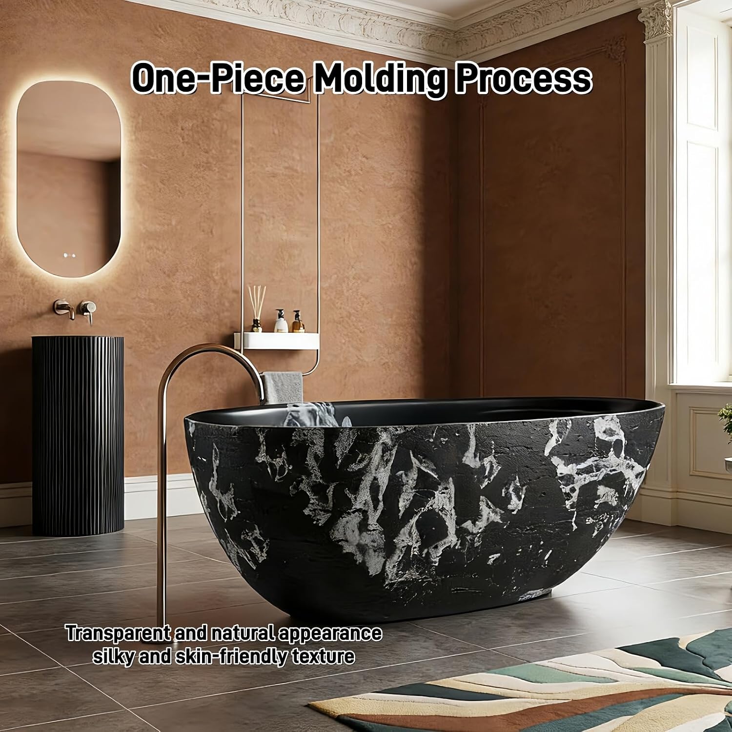 59' Edeyeu Freestanding Bathtub - Solid Surface Soaking Tub With Natural Rock Texture Design, Extra Deep Stand Alone Tub, Ergonomic Free Standing Spa Bath For Luxury Hotel Or Villa, Black