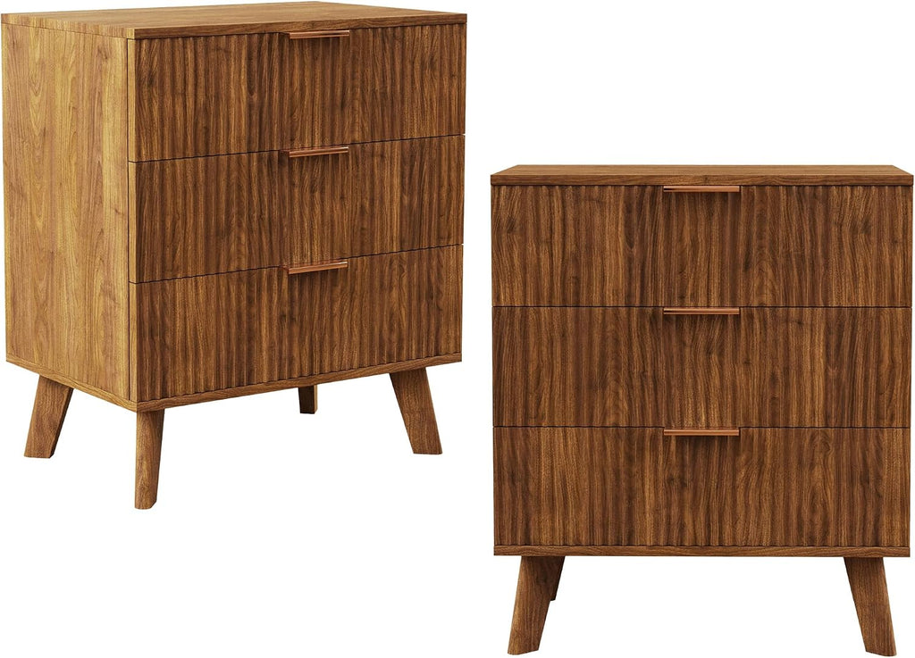Mid-Century 3 Drawers Bedside Table Cabinet, Modern Nightstand with 3 Drawer and Solid Wood Legs, Contemporary 3-Drawer Dresser, Mid Century Nightstand with 3 Storage Drawer for Bedroom (Walnut)
