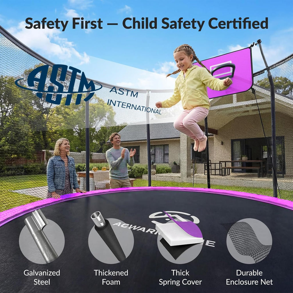 ACWARM HOME Trampoline Outdoor 8FT 10FT 12FT 14FT 15FT 16FT Trampoline with Basketball Hoop and LED Lights, Recreational Trampolines for Kids and Adults with Enclosure Net & Ladder, ASTM Approved