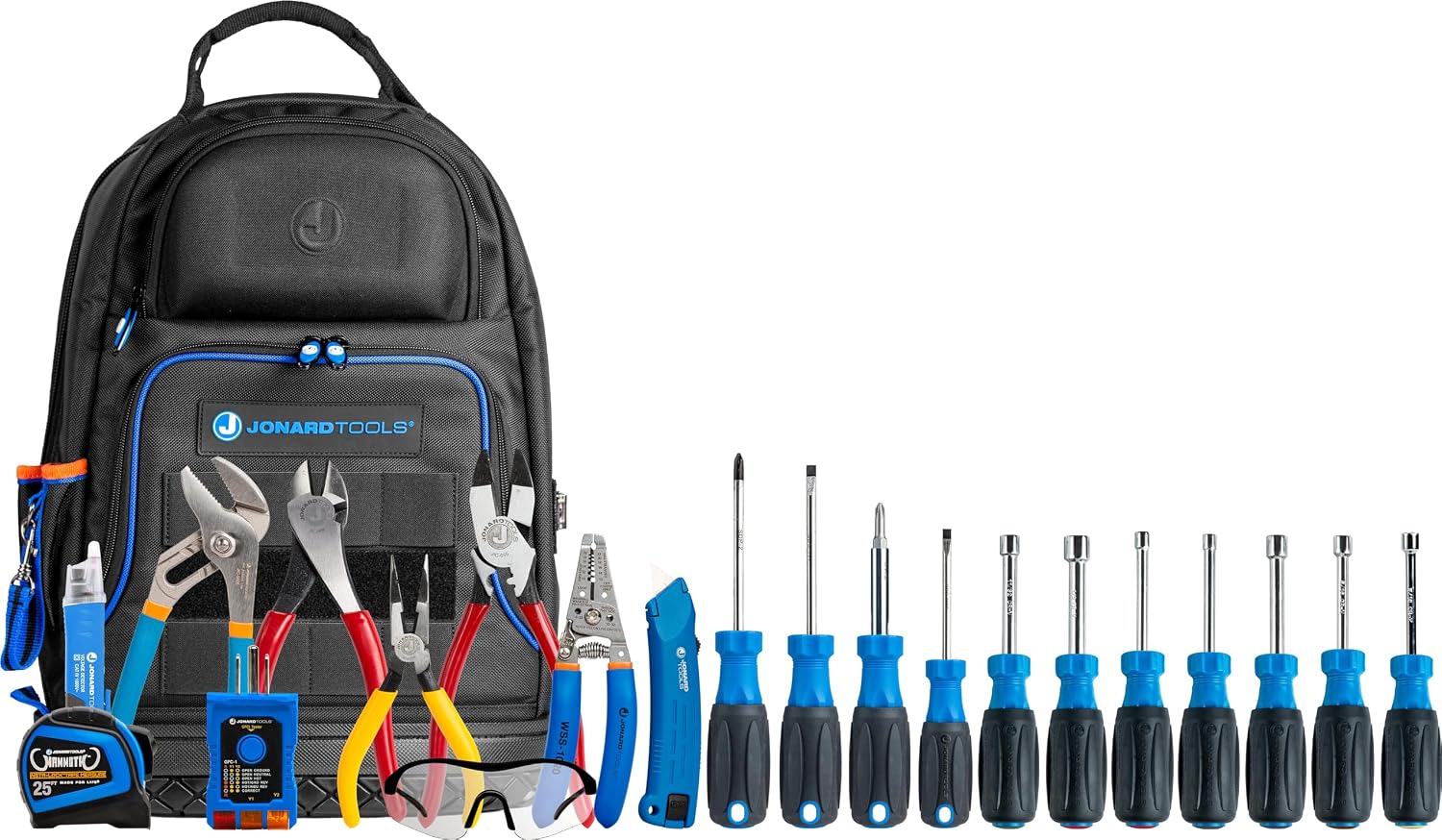 Jonard Tools TK-500 22-Piece Journeyman Electrician Tool Kit with Screwdrivers, Nut Drivers, Wire Stripper, Pliers, Voltage Detector, Jobsite Tools, and 48 Pocket Backpack