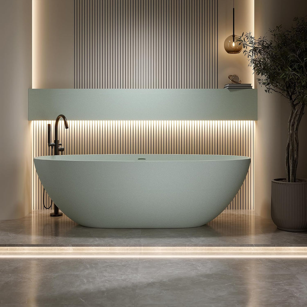 59'' Freestanding Bathtub Resin Stone Soaking Bathtub Solid Tubs with Overflow and Pop up Drain