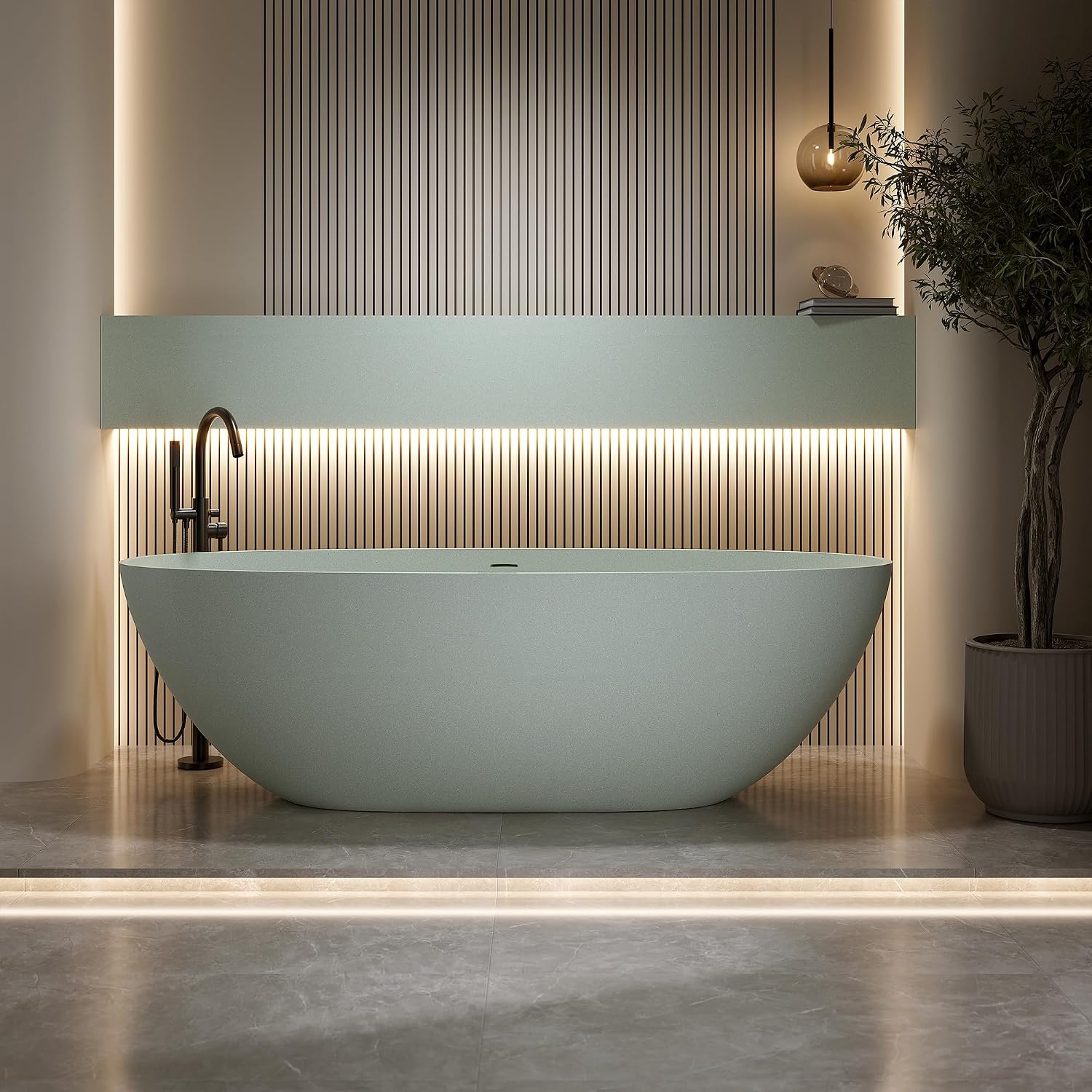59'' Freestanding Bathtub Resin Stone Soaking Bathtub Solid Tubs with Overflow and Pop up Drain
