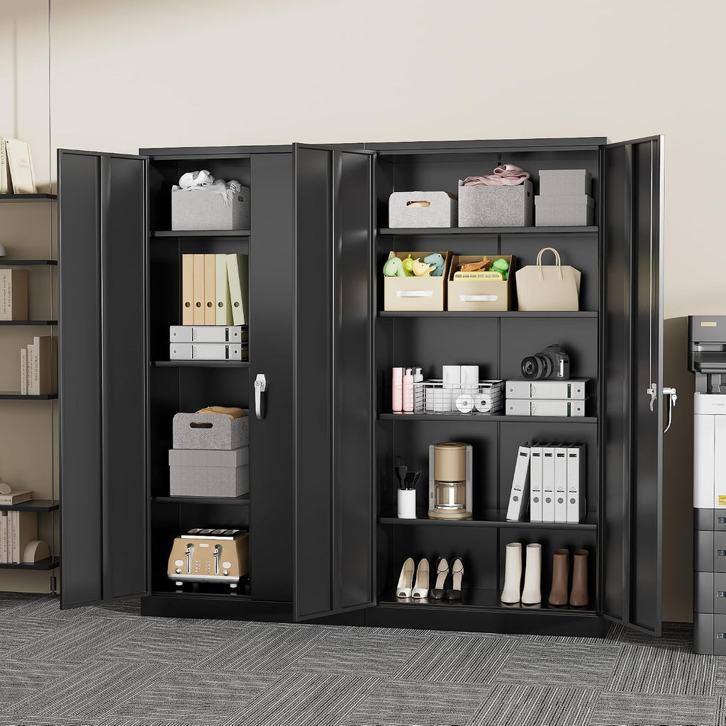 Greenvelly Metal Storage Cabinets 72' Black Garage Steel Storage Cabinet with Doors and Shelves, Metal Tool Cabinet, Steel File Cabinet for Home Office, Basement, Warehouse, Classroom（Anti Tipping）