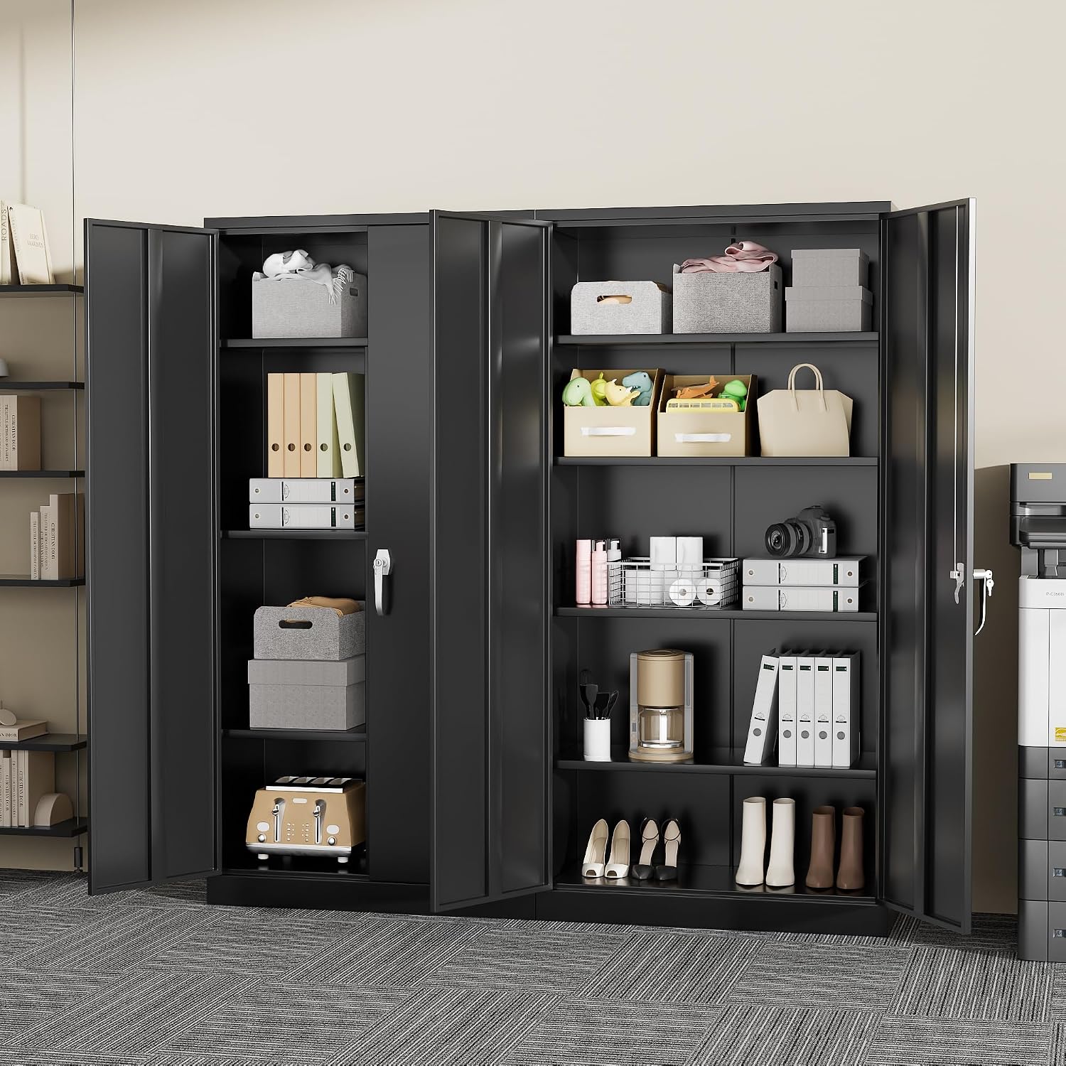 Greenvelly Metal Storage Cabinets 72' Black Garage Steel Storage Cabinet with Doors and Shelves, Metal Tool Cabinet, Steel File Cabinet for Home Office, Basement, Warehouse, Classroom（Anti Tipping）