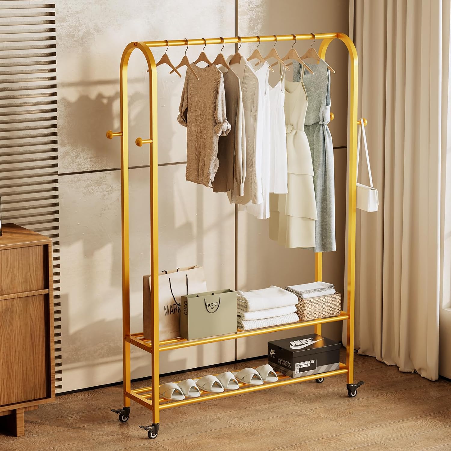 Sturdy Heavy Duty Clothes Rack With Wheels,Modern Clothing Rack With Shelves & hooks, Garment Racks for Hanging Clothes,Closet Rack for Bedroom,49.21in Wide,Clothes Storage and Display (gold)