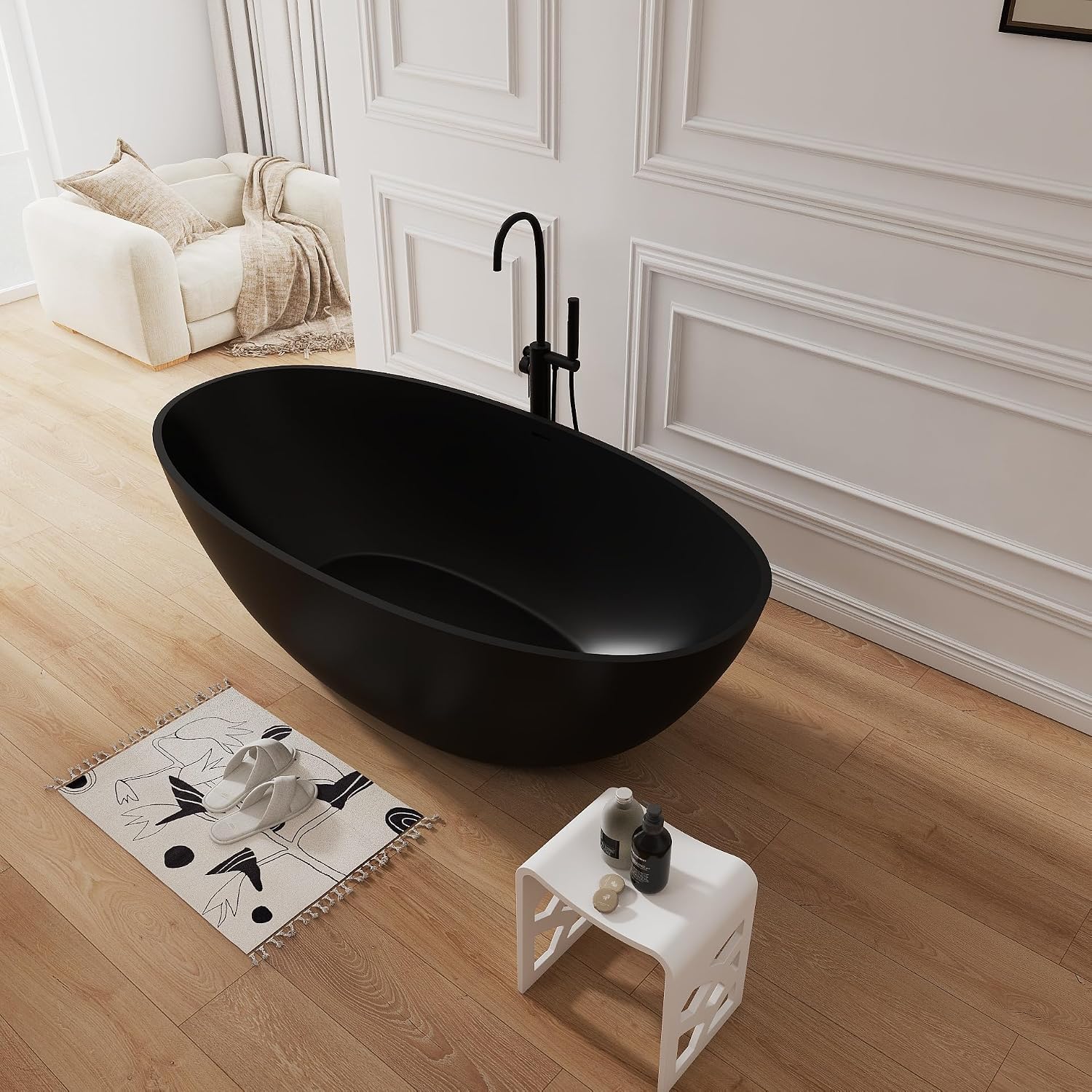 71' Premium Solid Surface Freestanding Bathtub,Oval Shape Stone Resin Soaking Tub with Overflow and Pop-up Drain, Matte Black