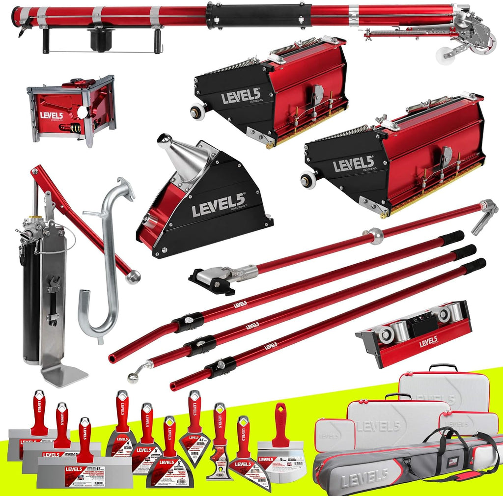 Full Taping/Finishing Set - High Capacity Boxes + Std Handles - LEVEL5 | Auto Taper, 7'/10' MEGA Boxes, 3' Angle Head, 7' Corner Applicator Box, Corner Roller, Std Handles, Pump, Gooseneck | 4-610