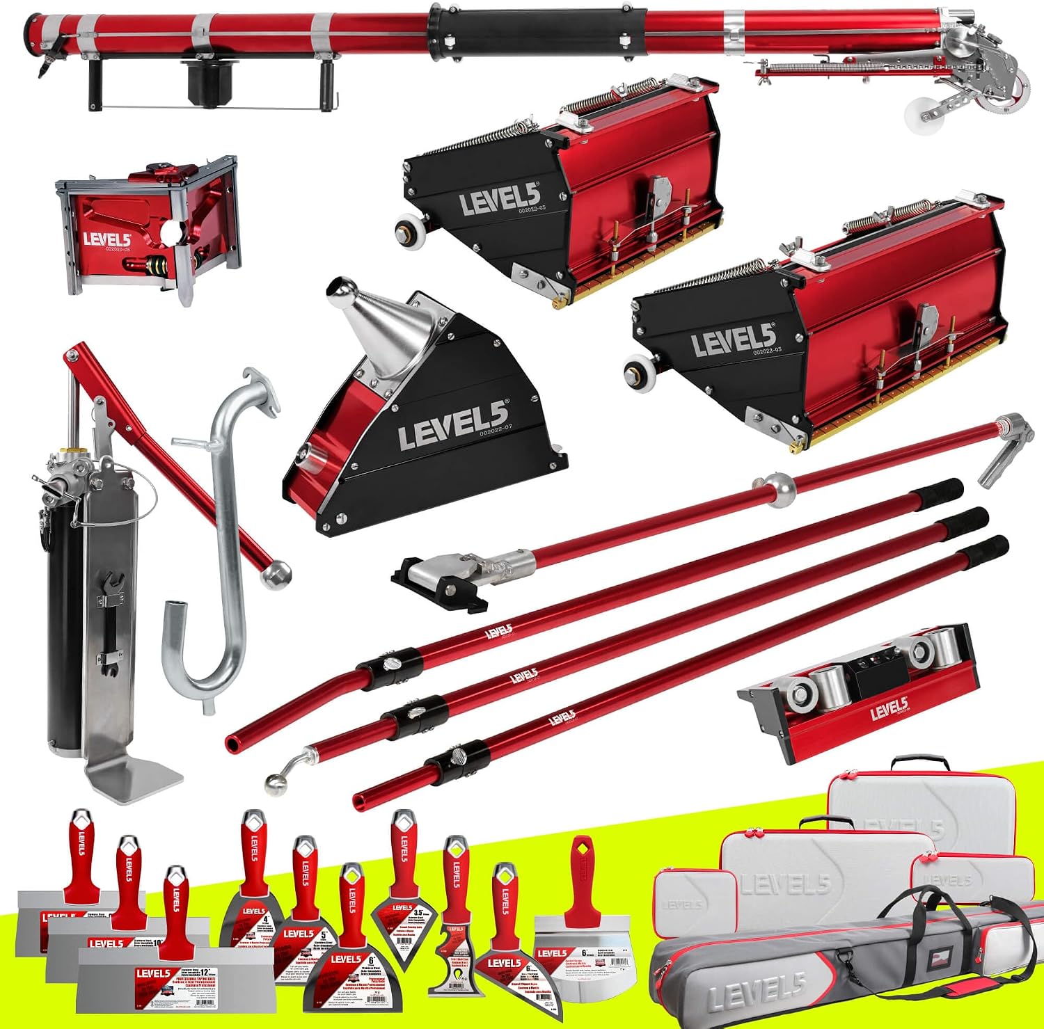 Full Taping/Finishing Set - High Capacity Boxes + Std Handles - LEVEL5 | Auto Taper, 7'/10' MEGA Boxes, 3' Angle Head, 7' Corner Applicator Box, Corner Roller, Std Handles, Pump, Gooseneck | 4-610