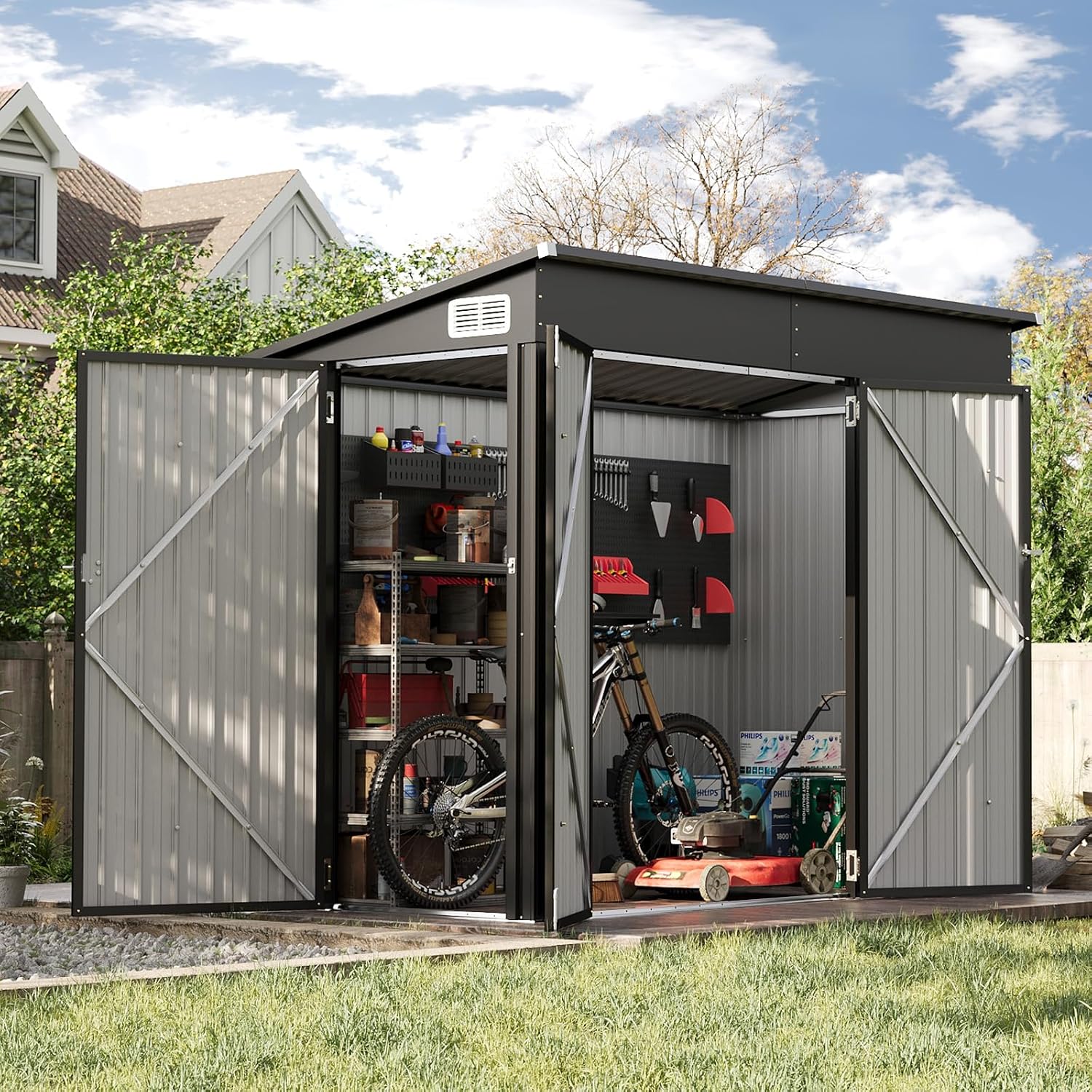 7.5'x4' Large Outdoor Shed with 3-Lockable Door & Sloping Roof, Heavy-Duty Galvanized Metal Garden Storage for Bikes, Tools, Snow Blowers (Black)