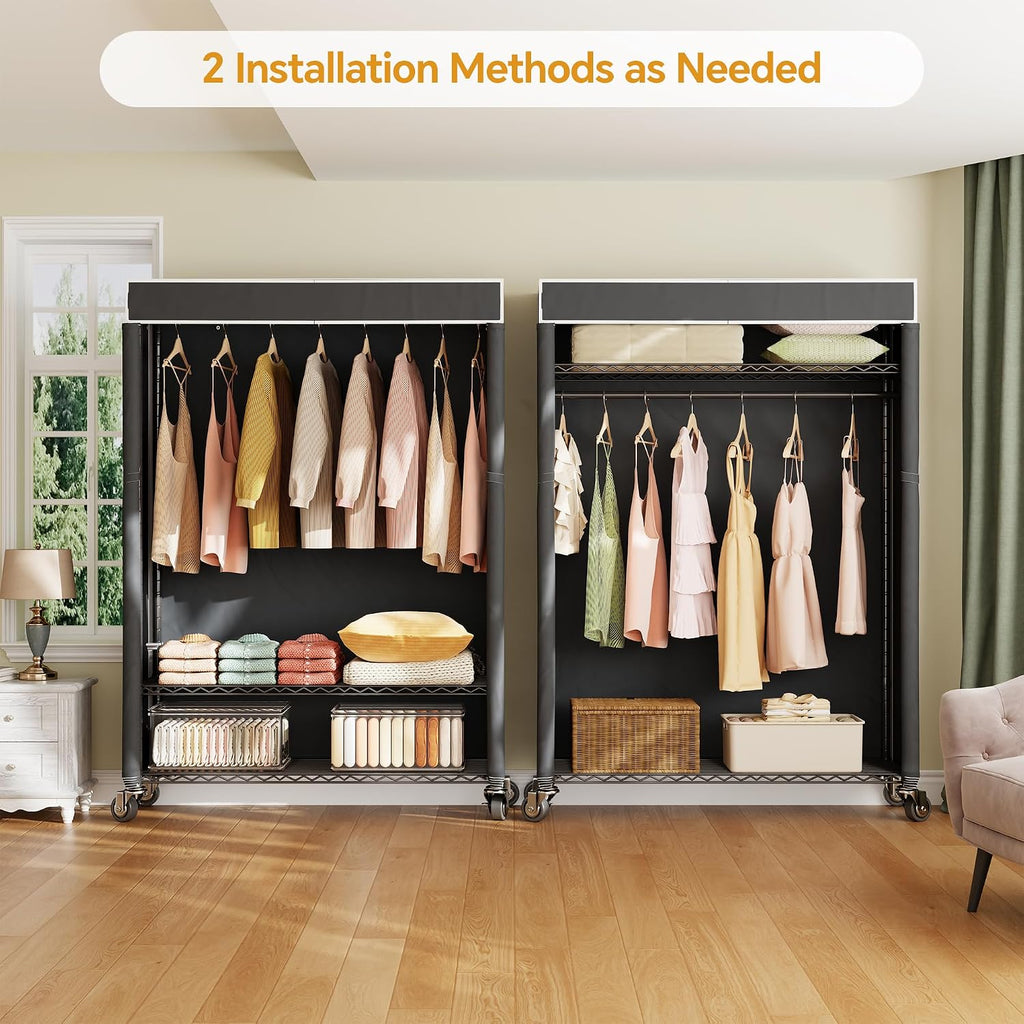 Higeego H4 Plus Rolling Garment Rack with Cover, Heavy Duty Clothes Rack with Wheels, Portable Closet for Hanging Clothes, Wardrobe Closets Organizer Storage, Black Closet Rack with Black Fabric Cover