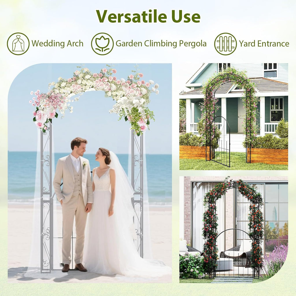 HAPPYGRILL 84' Garden Arbor with Gate & Climbing Trellises, Metal Garden Arch Archway for Outdoor Climbing Plant Rose Vine, Wedding Arch for Ceremony, Backyard Lawn Party Decor Patio Entrance