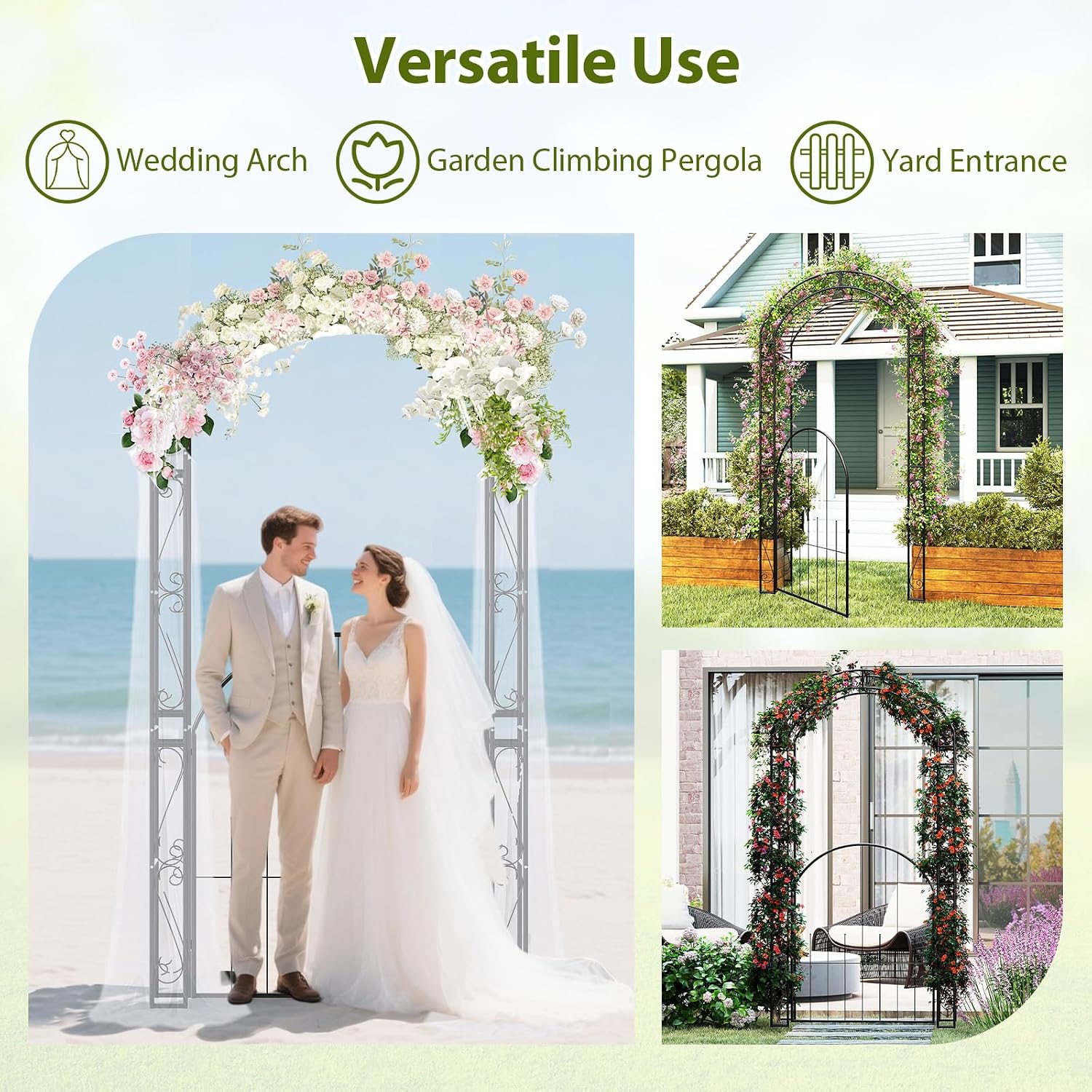 HAPPYGRILL 84' Garden Arbor with Gate & Climbing Trellises, Metal Garden Arch Archway for Outdoor Climbing Plant Rose Vine, Wedding Arch for Ceremony, Backyard Lawn Party Decor Patio Entrance