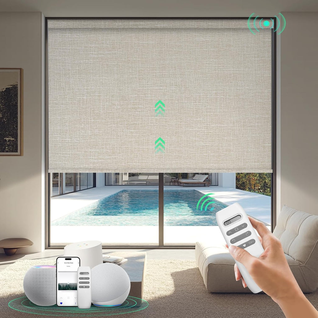 HeyBlinds Motorized Blinds with Remote, 100% Blackout Smart Blinds, Automatic Shades for Windows Compatible with Alexa Google and Homekit, Custom Size(Grace-Latte BO)