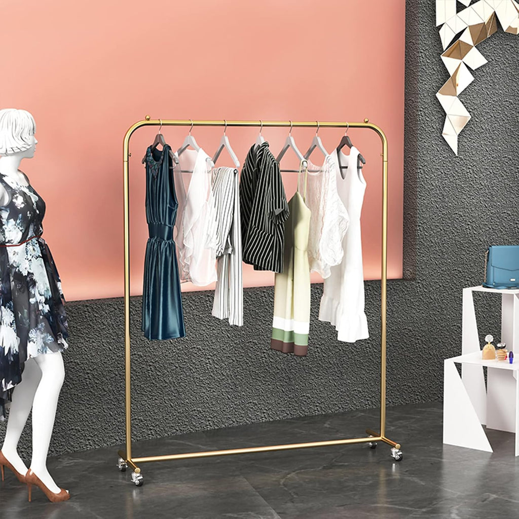 Heavy Duty Coat Rack, Garment Rack Nordic Wrought Iron Clothes Rail On Wheels Clothing Store Display Rack Heavy Duty Metal Clothing Rack for Hanging Clothes Bedroom Single Rail Coat Rack, Gold (150X