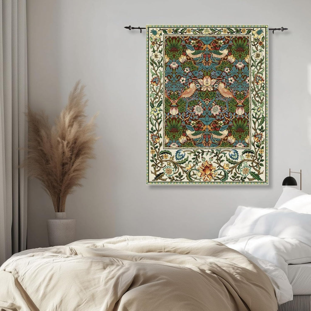 ORIMONY William Morris Strawberry Thief Tapestry - Vintage Floral Bird Art, Medieval Jacquard Woven Tapestry Wall Hanging for Living Room & Bedroom Size 27'x35' (Brown)