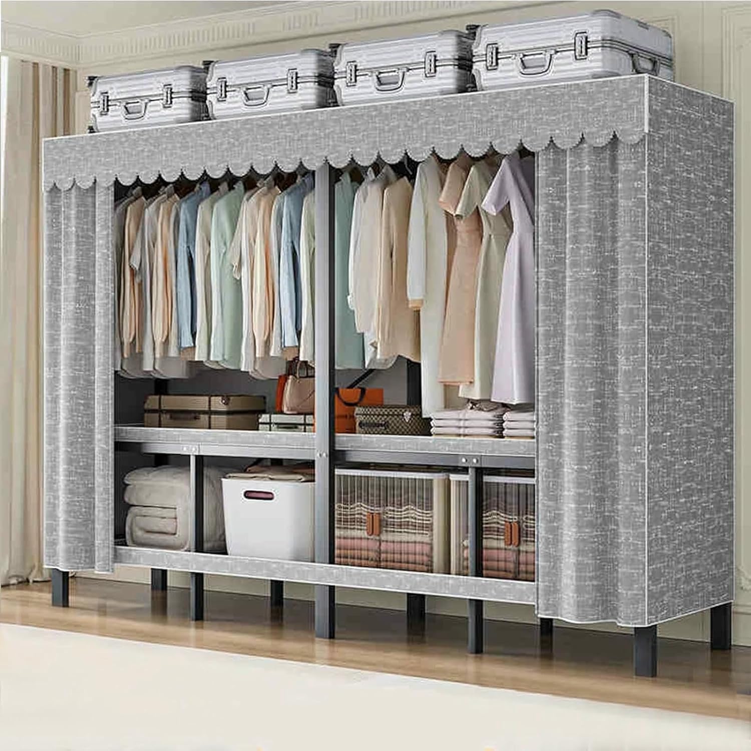 Foldable Portable Wardrobe Closet Larg Covered Rack with Cover 1200lbs Clothing Racks for Hanging Clothes Coat Storage Garment Racks for Bedroom