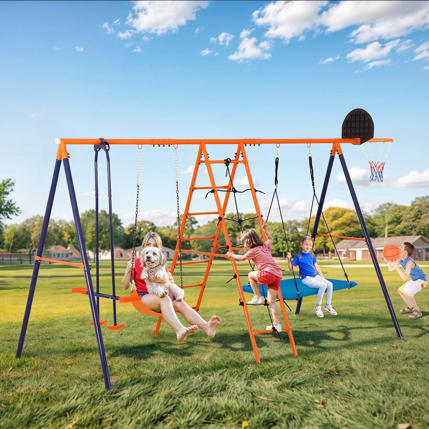 Nouva 6 in 1 Metal Swing Sets for Backyard - Heavy-Duty Kids Outdoor Combo w/2 Swings & Climbing Ladder & Nets & Seesaw & Basketball Hoop - Swing Stand Set for Playground, Playset