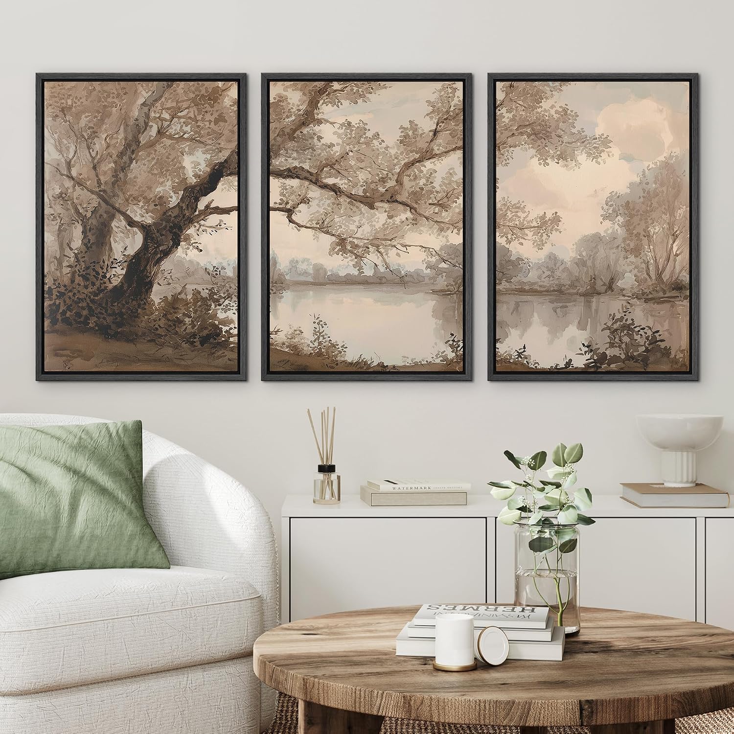 wall26 Framed Print Wall Art Set Sepia Watercolor Lakeside Tree Landscape Decorative Minimal Relax/Zen for Living Room, Bedroom, Office - 16'x24'x3 BLACK