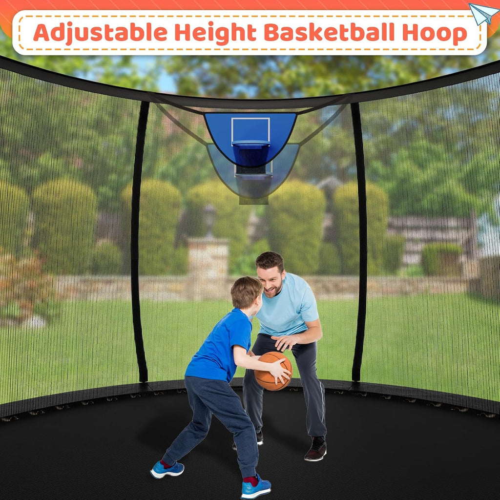 Zevemomo 12FT 14FT Trampoline with Basketball Hoop, Large Outdoor Trampoline for Kids and Adults with Net, Ladder, Protected Curved Poles, Heavy Duty Trampoline 400/450LBS Weight Capacity