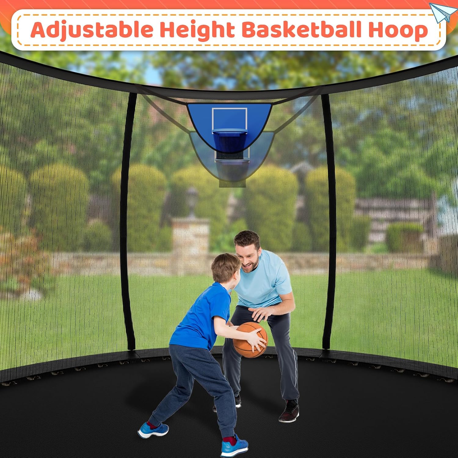 Zevemomo 12FT 14FT Trampoline with Basketball Hoop, Large Outdoor Trampoline for Kids and Adults with Net, Ladder, Protected Curved Poles, Heavy Duty Trampoline 400/450LBS Weight Capacity