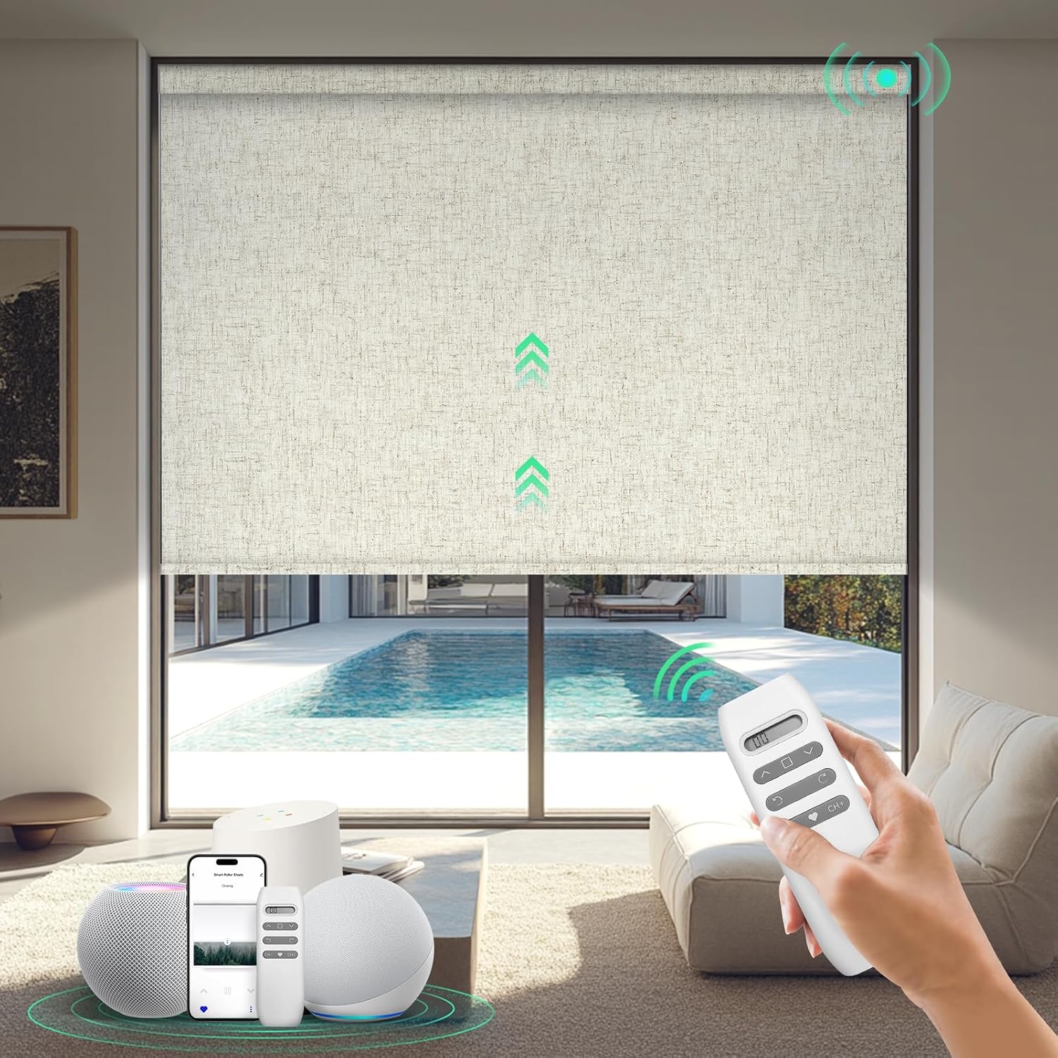 HeyBlinds Motorized Blinds with Remote, 100% Blackout Smart Blinds, Automatic Shades for Windows Compatible with Alexa Google and Homekit, Custom Size(Nature-Oatmeal BO)
