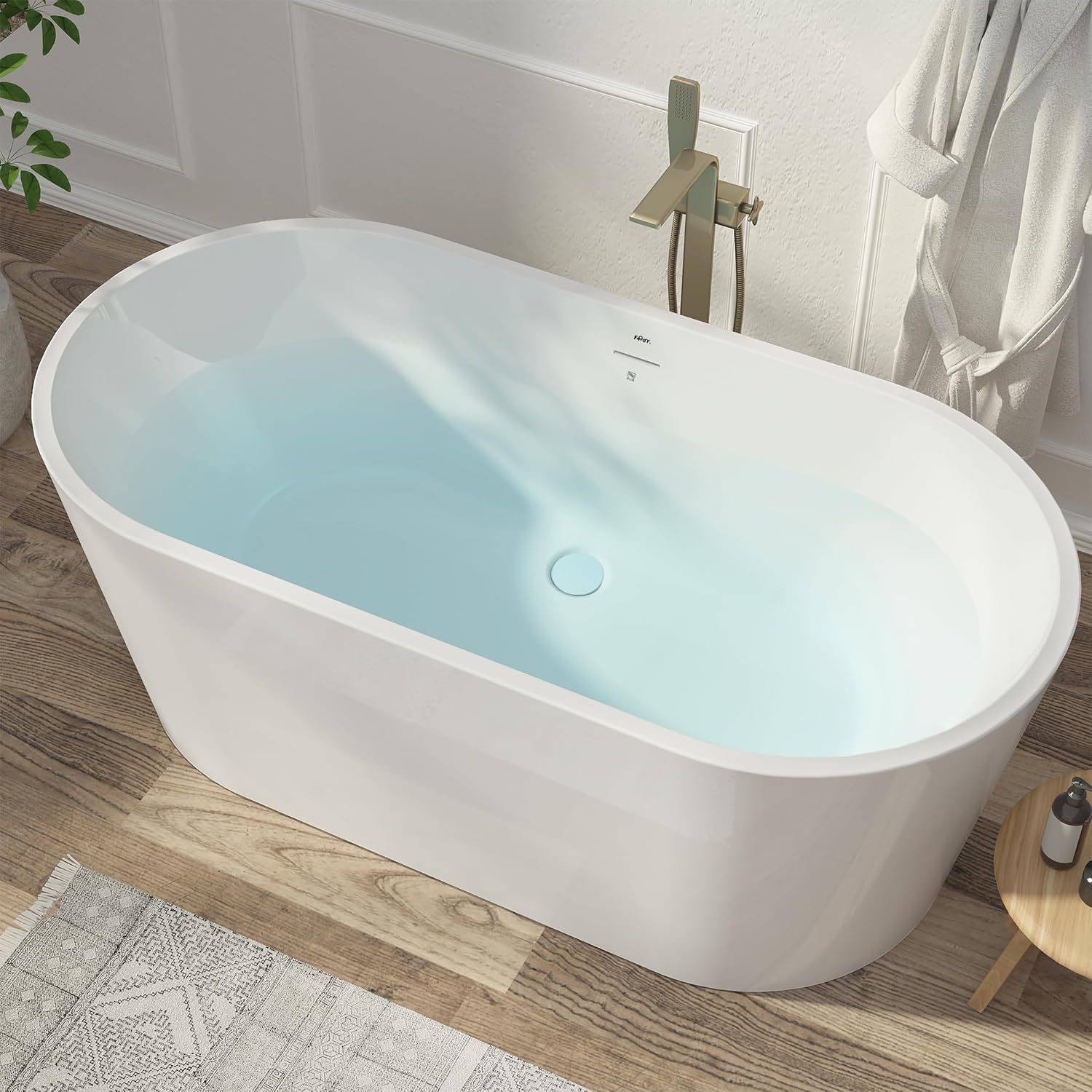 FerdY Shangri-La 59' Acrylic Freestanding Bathtub, Gracefully Shaped Soaking Bathtub, Glossy White, cUPC Certified, Polishe White Drain & Minimalist Linear Design Overflow Included, 02522