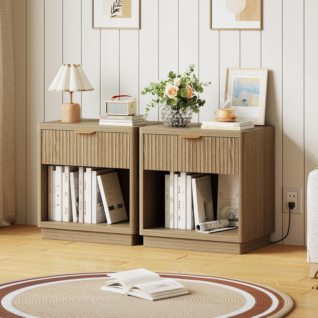 Fluted Night Stand Set of 2 with Charging Station, Wood Bedside Tables with Drawer & Open Shelf, Modern Matching Pair for Bedroom & Living Room,Light Oak