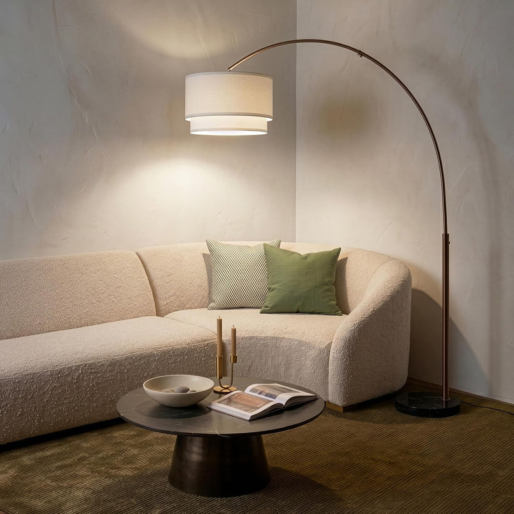 Brightech Mason Arc Floor Lamp - Modern Corner Standing Lamp with Unique Hanging Drum Lamp Shade for Living Room - Bright Overhead, Curved Hanging Light for Bedroom. Library, Den - Bronze