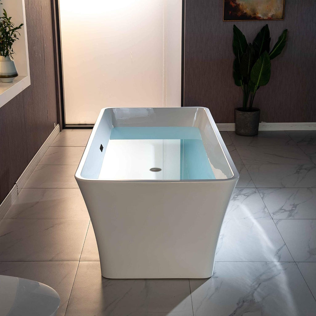 WOODBRIDGE 59'Freestanding White Acylic Soaking Bathtub with White Pillow,Drain and Overflow inMatte Black,BTA1509 -MB-Drain &O+ Pillow