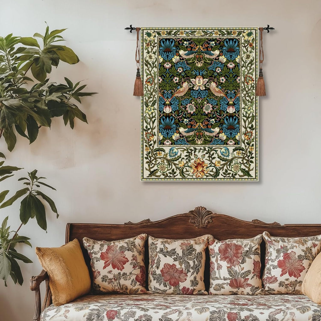 ORIMONY William Morris Strawberry Thief Tapestry - Vintage Floral Bird Art, Medieval Jacquard Woven Tapestry Wall Hanging for Living Room & Bedroom Size 27'x35' (Black)