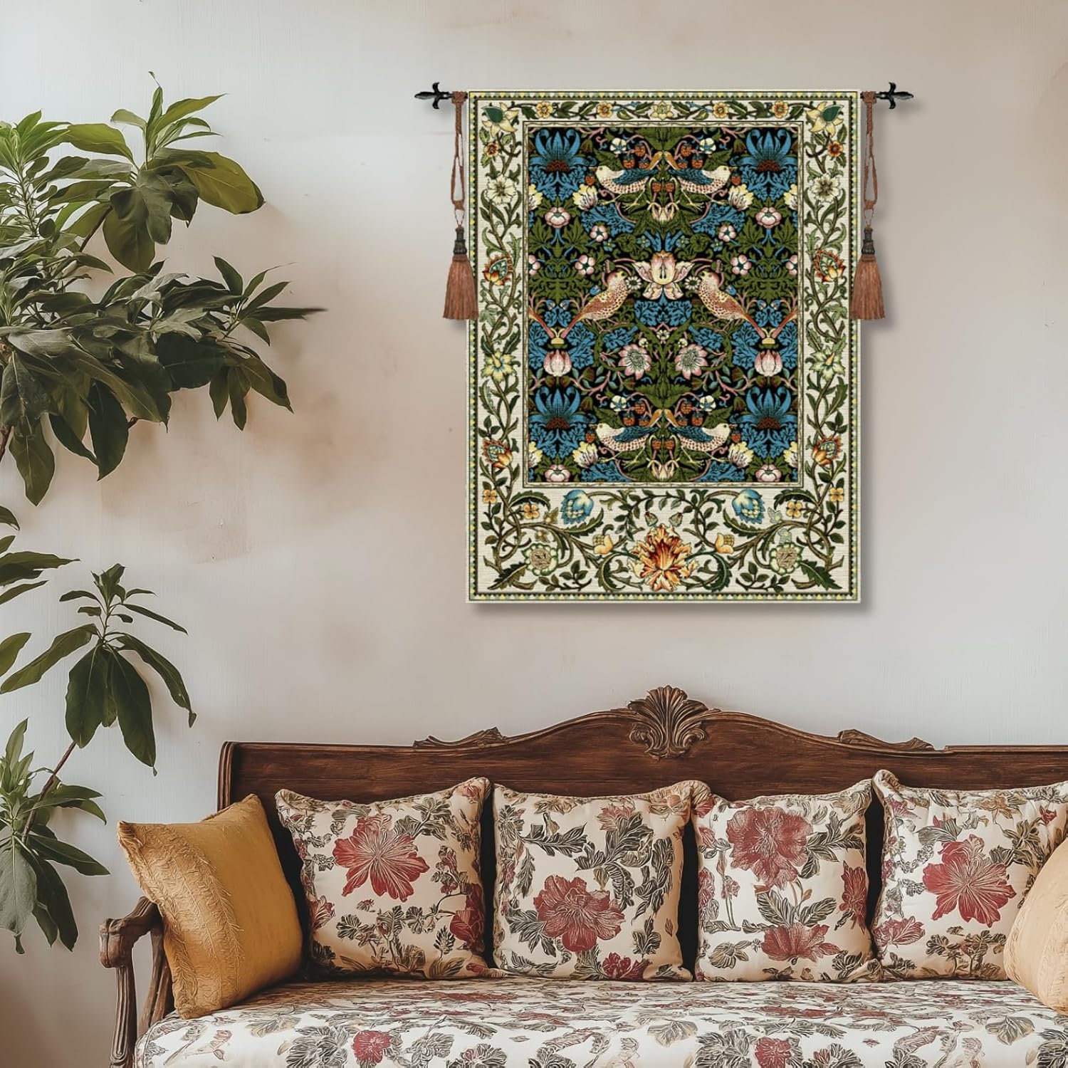ORIMONY William Morris Strawberry Thief Tapestry - Vintage Floral Bird Art, Medieval Jacquard Woven Tapestry Wall Hanging for Living Room & Bedroom Size 27'x35' (Black)
