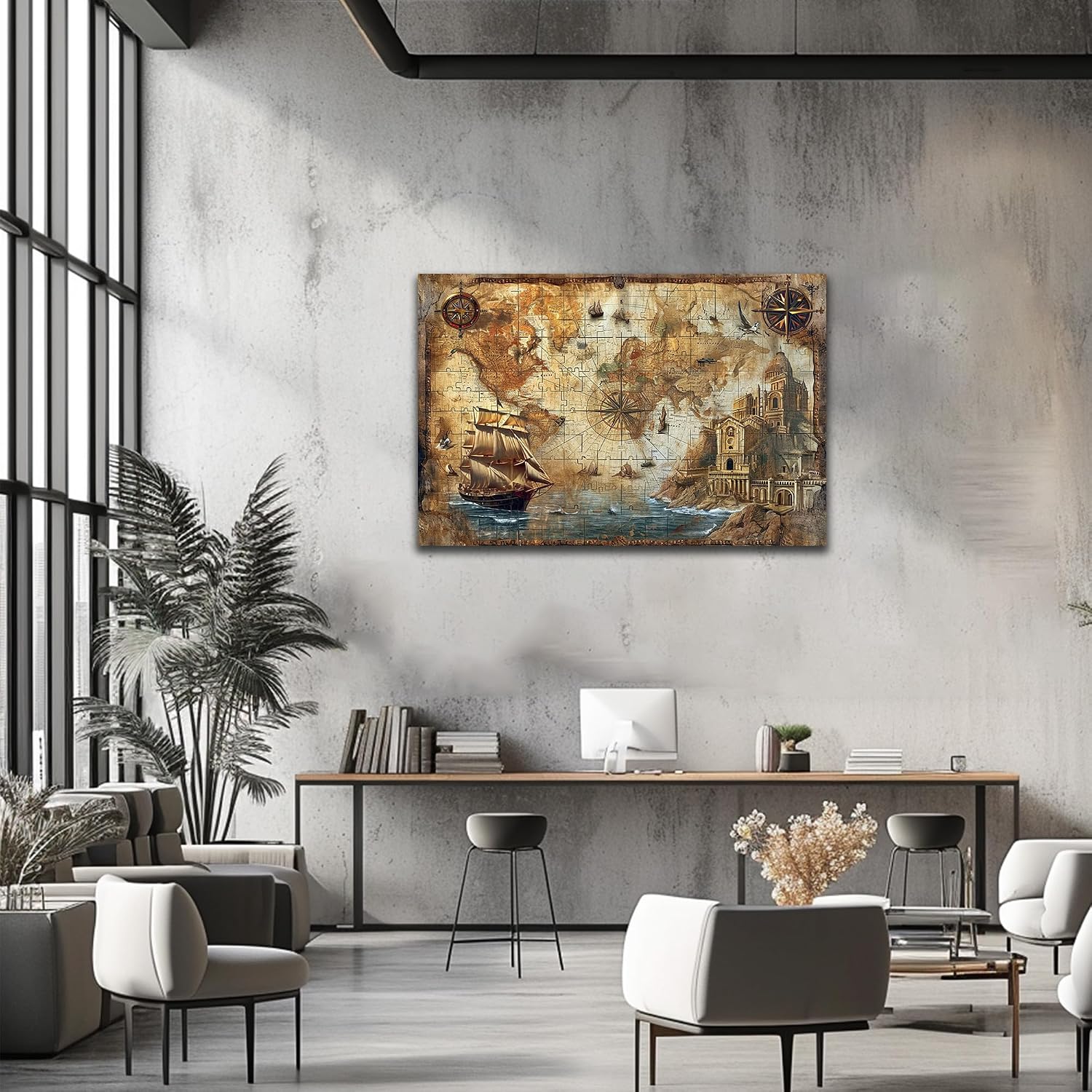 Vintage World Map Wall Art, Nautical World Map Backdrop Canvas Print, Travel Map Art Framed Artwork for Office Decor, Old Treasure Map Poster Painting Picture for Living Room Wall Decor 32x48 Inches